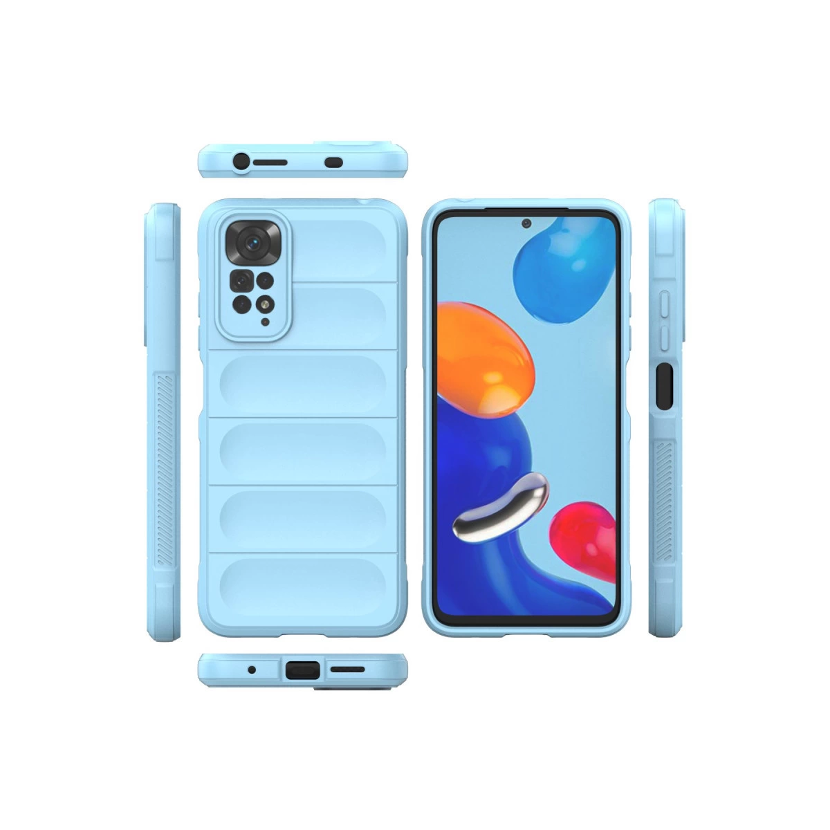 Çoklu açılardan gösterilen, nervürlü desenli açık mavi telefon kılıfı.
