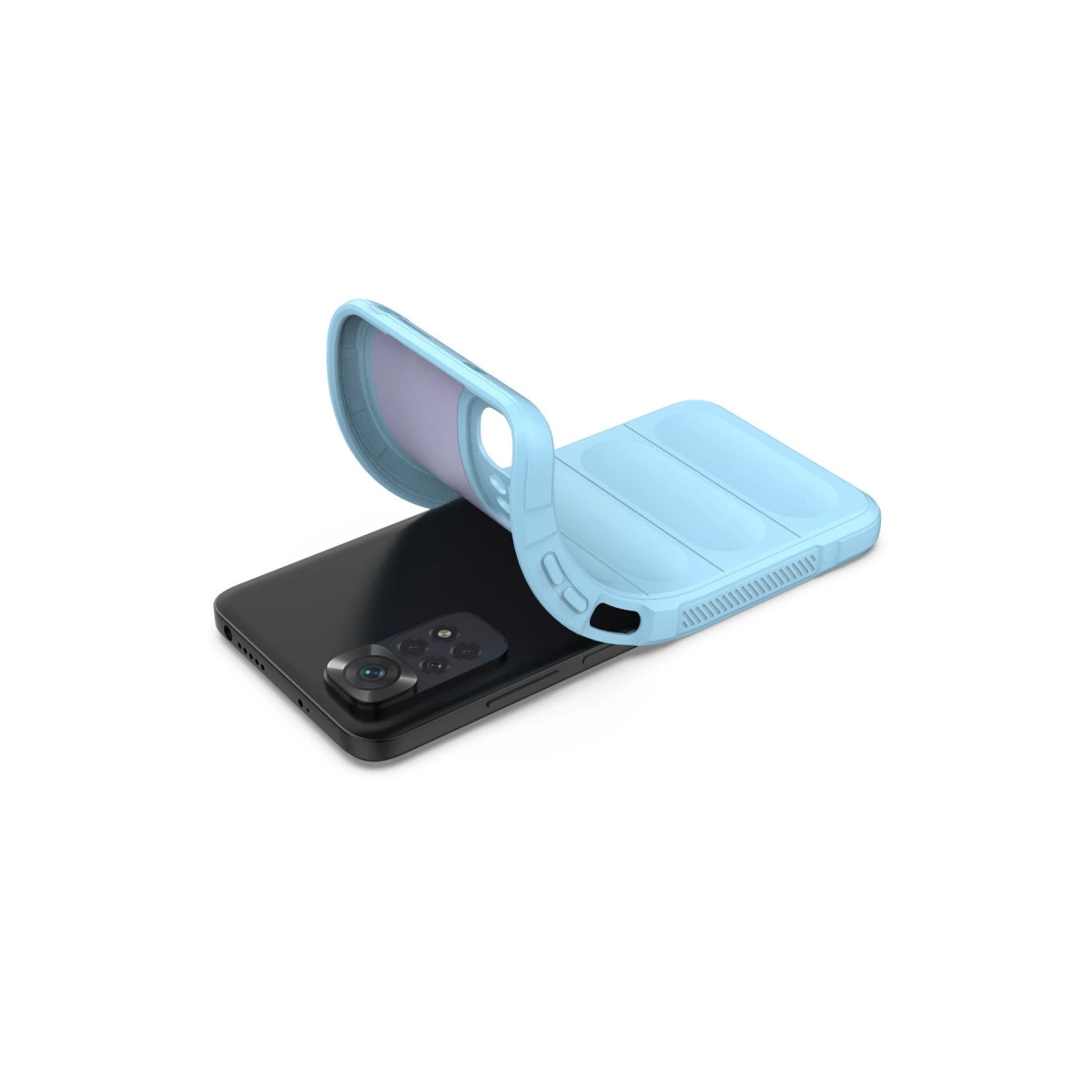 Açık mavi telefon kılıfı siyah bir akıllı telefonun üzerine yerleştiriliyor.