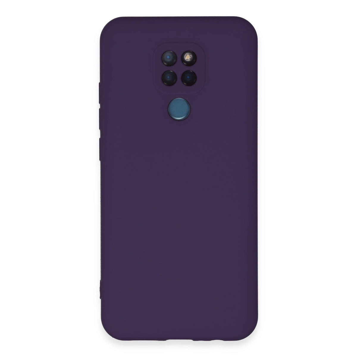 Dört kameralı ve parmak izi sensörlü koyu mor telefon kılıfı.