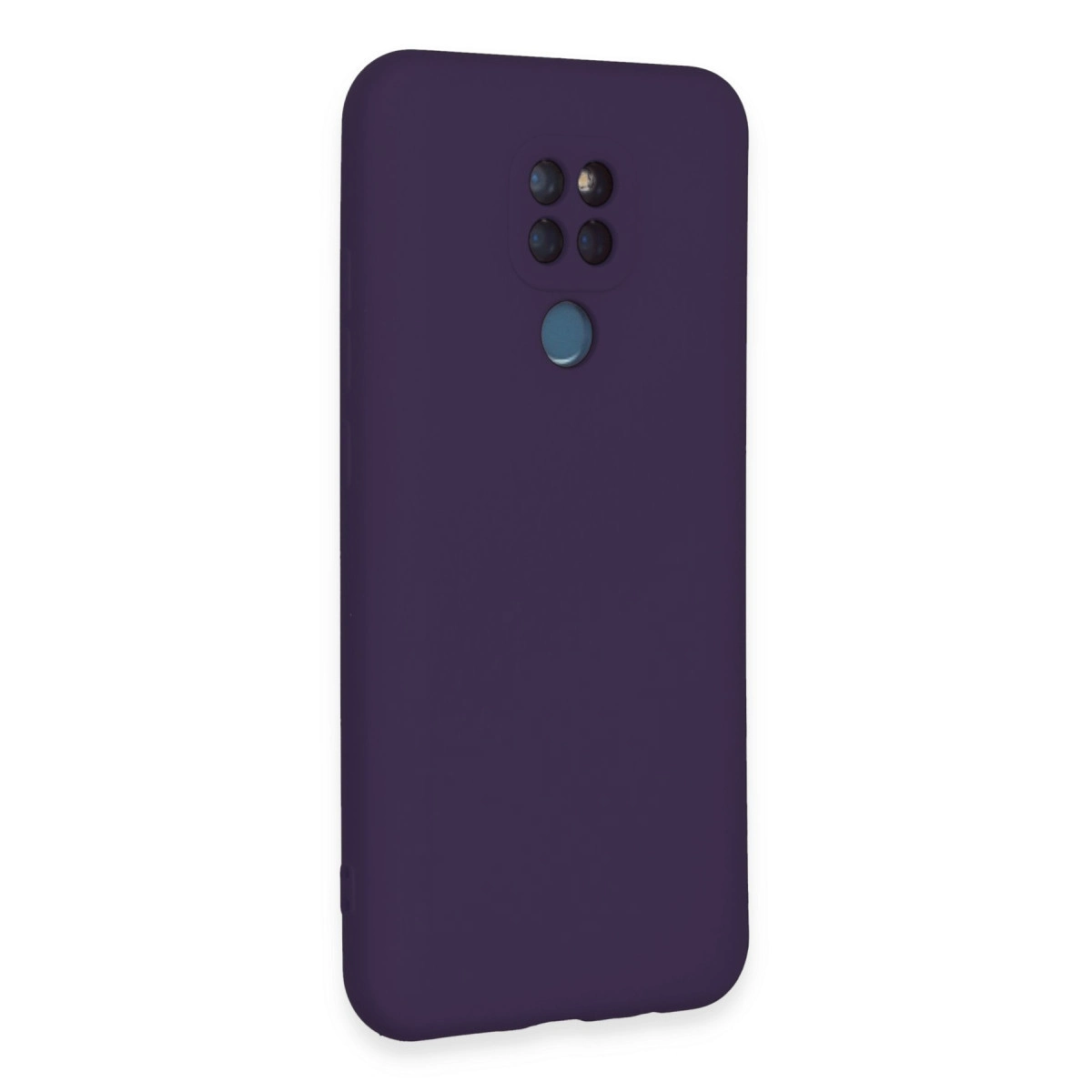 Dört kamera lensli ve parmak izi sensörlü koyu mor telefon kılıfı.
