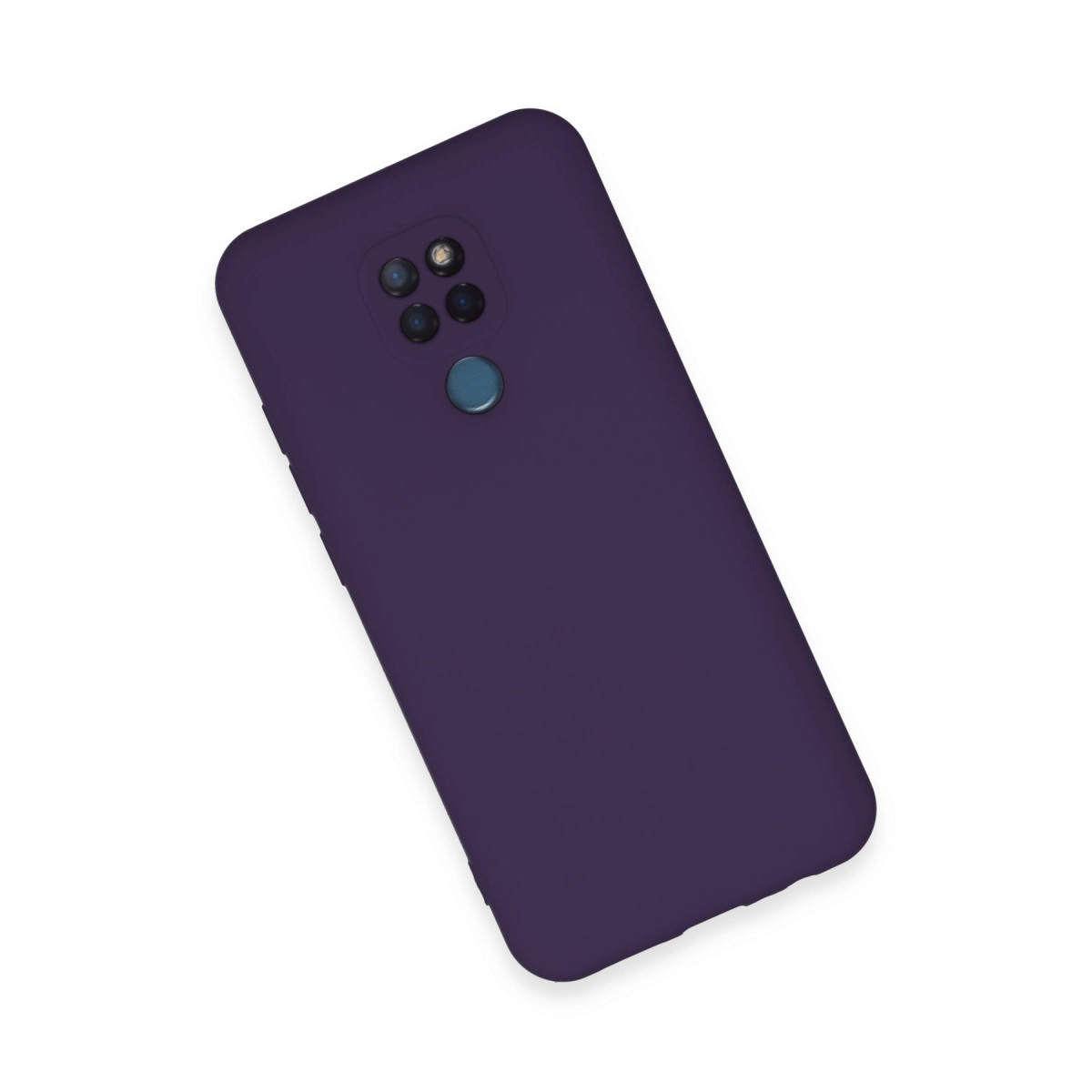 Dört kameralı ve parmak izi sensörlü koyu mor telefon kılıfı.