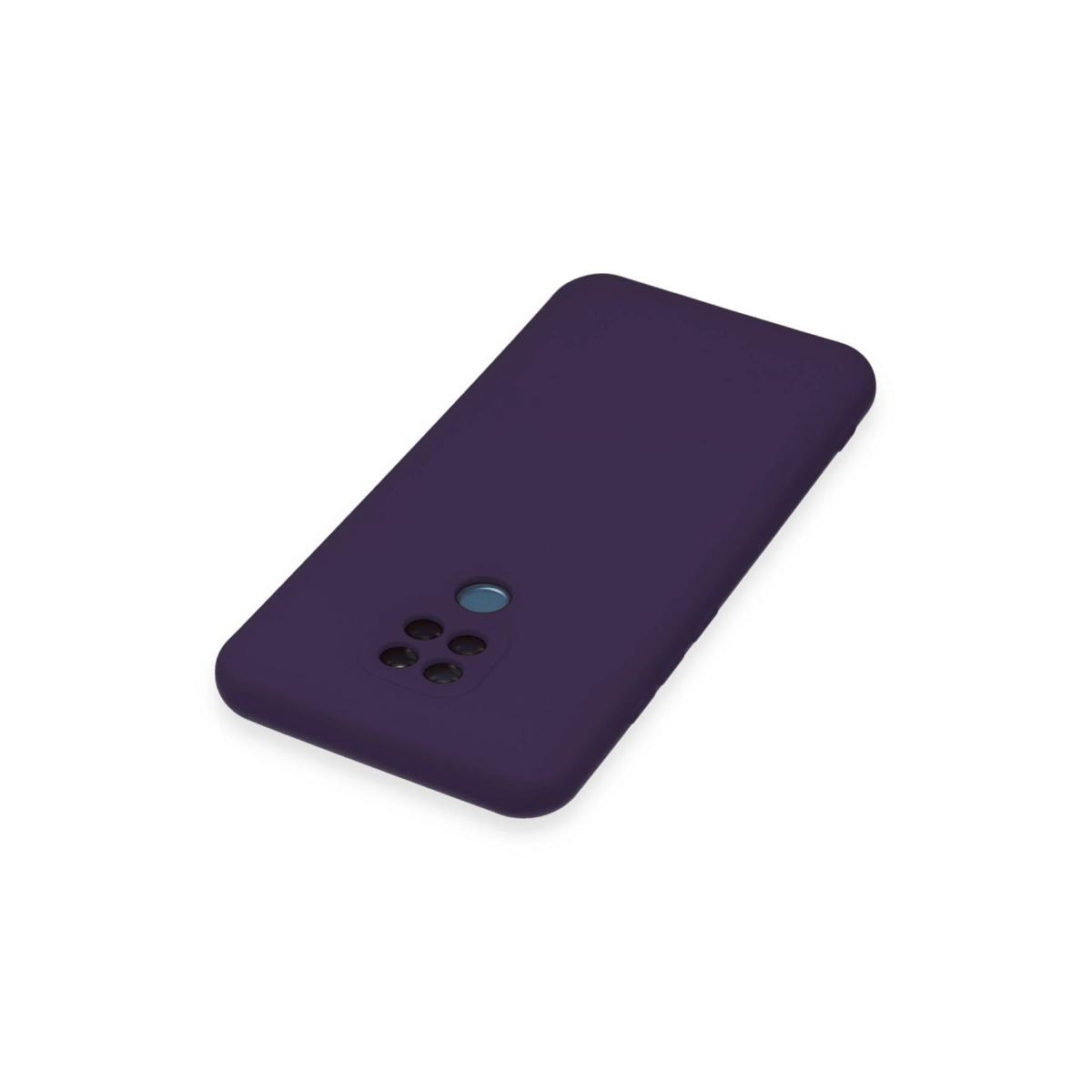 Beyaz arka plan üzerinde kamera kesimli koyu mor telefon kılıfı.