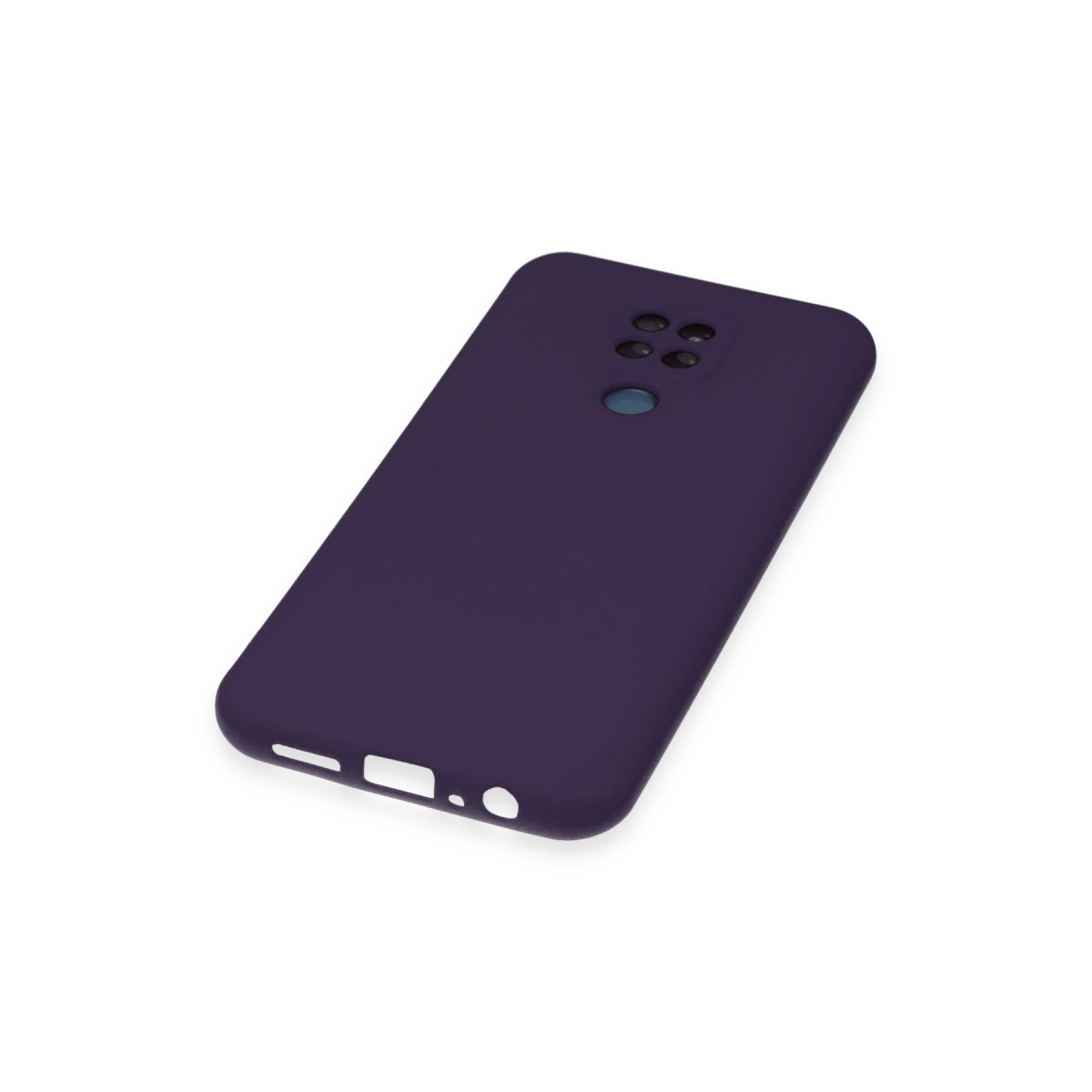 Kamera modüllü ve kesimli koyu mor telefon kılıfı.
