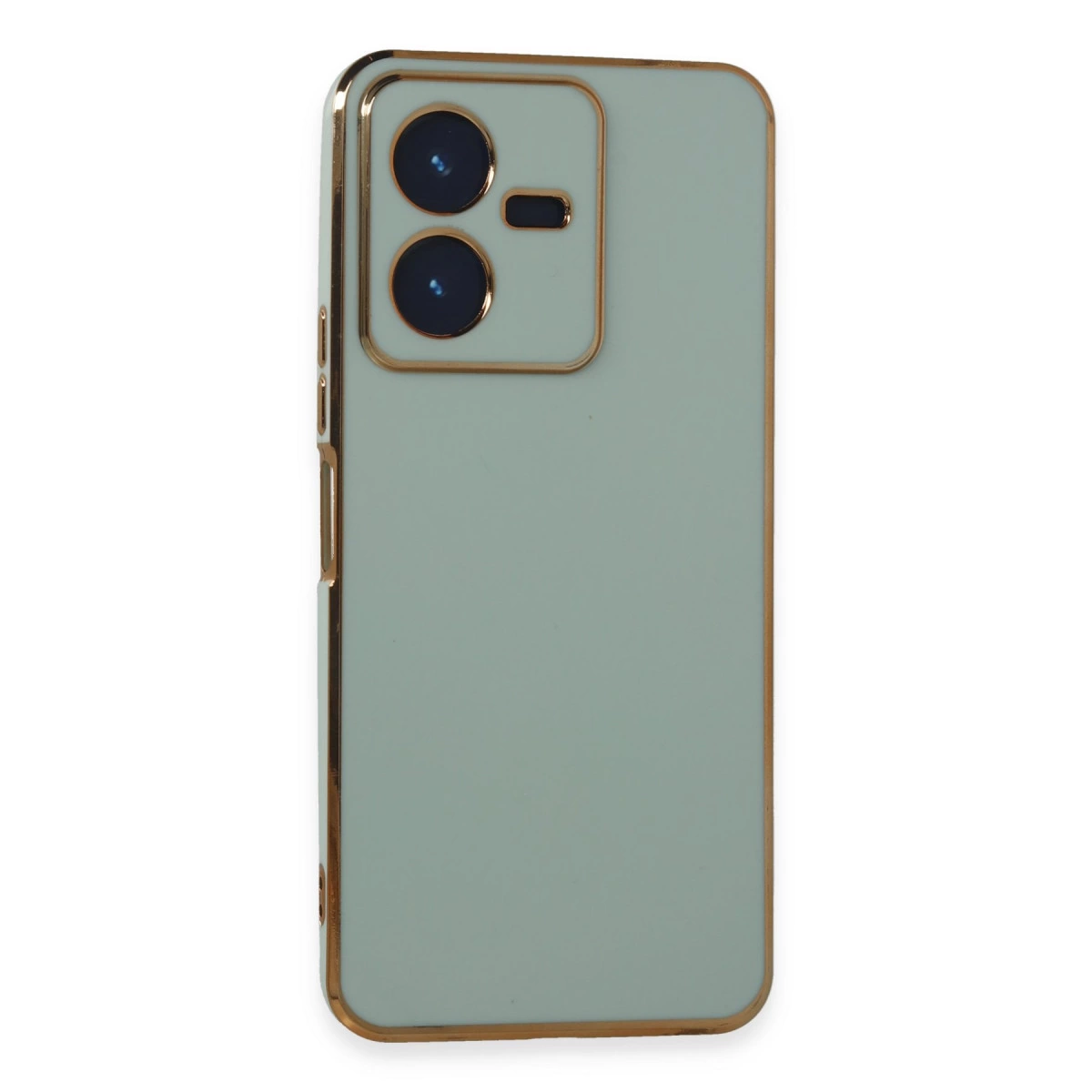 Altın çerçeveli, çift lensli kamera modülüne sahip açık yeşil telefon.