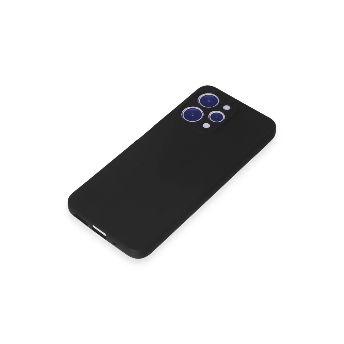Beyaz arka plan üzerinde üç kamera lensli siyah telefon kılıfı.