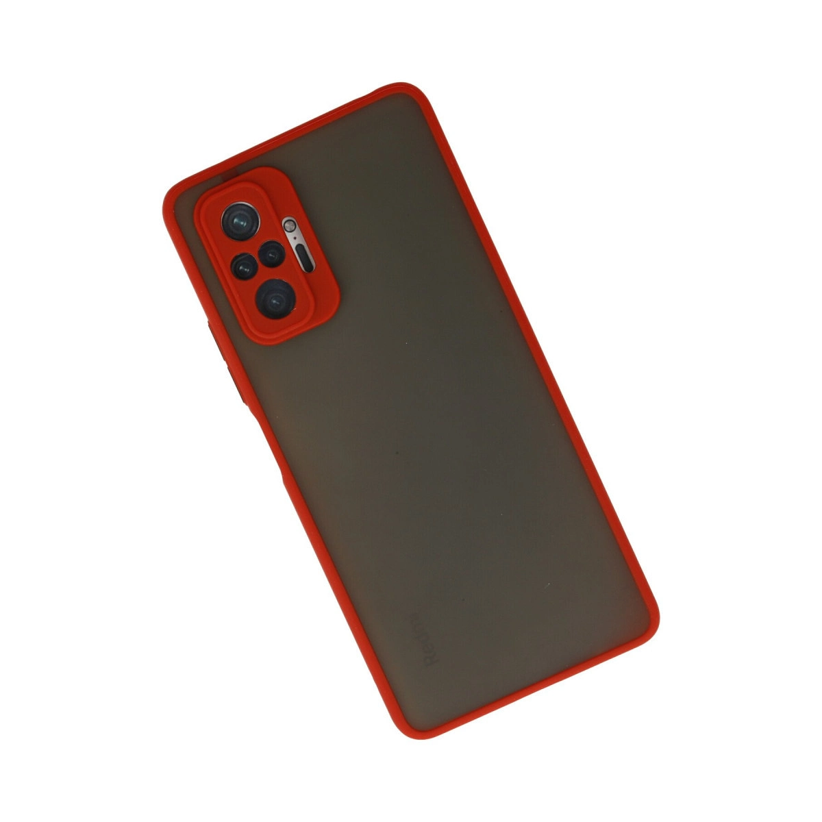 Koyu arka ve kamera modülüne sahip kırmızı telefon kılıfı.