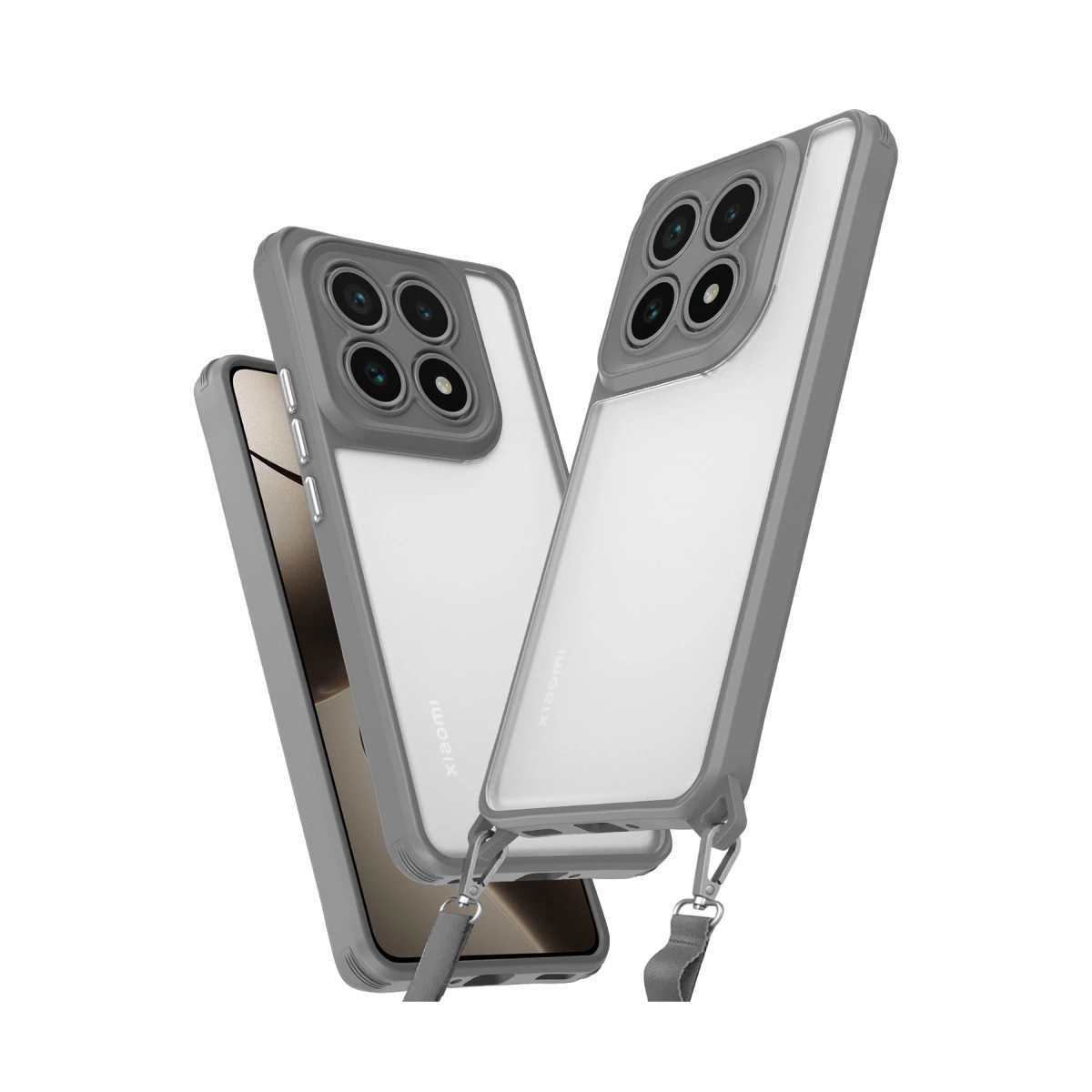 Gri kenarlı ve kamera kesimli iki şeffaf telefon kılıfı.