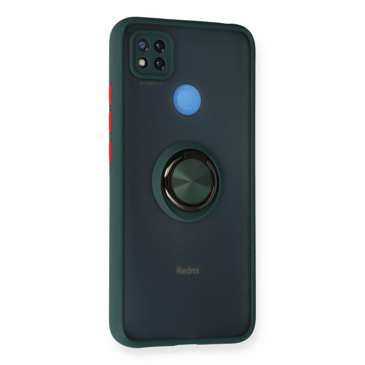 Kamera modülü, halka tutucu ve Redmi logosuna sahip koyu yeşil telefon kılıfı.