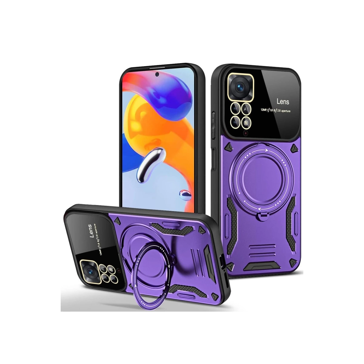 Halka tutuculu ve kamera kesimli mor telefon kılıfı, arkada telefon.