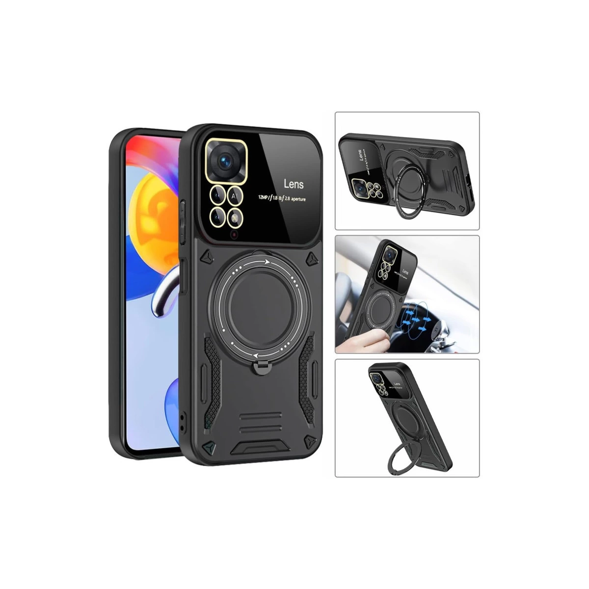 Telefonda halka ve kamera kapaklı siyah telefon kılıfı.
