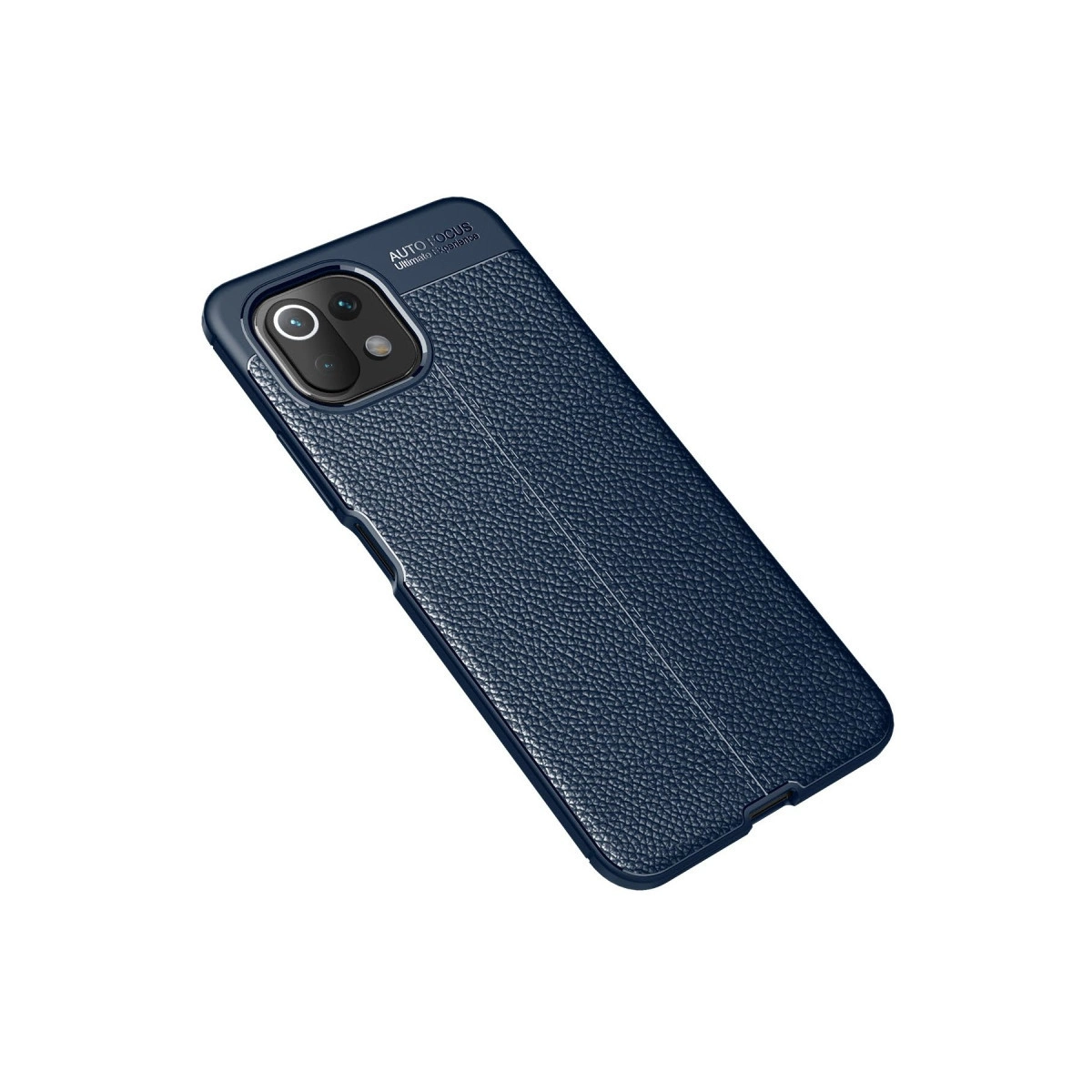 Koyu mavi deri dokulu telefon kılıfı, görünür kamera modülü kesiği.