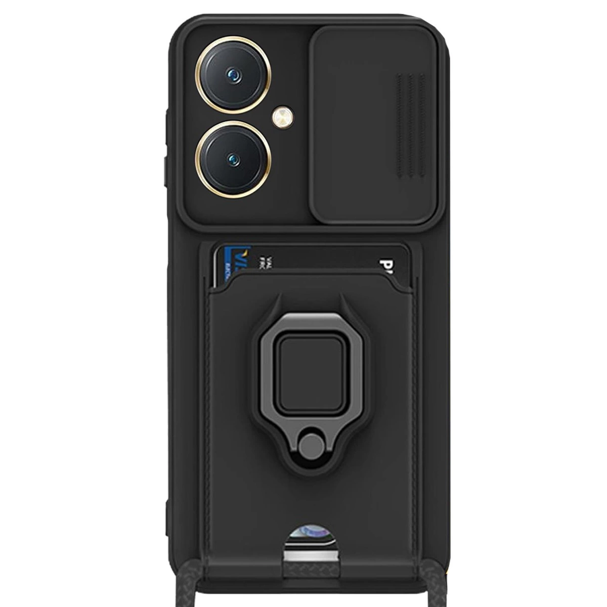 Kamera kapaklı, kart yuvalı ve halka tutuculu siyah telefon kılıfı.