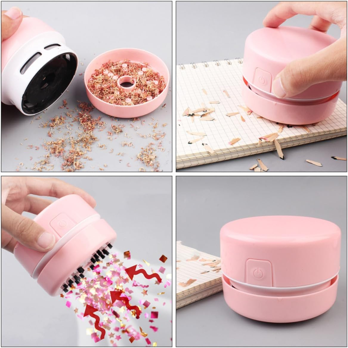 Ein kleiner rosa Staubsauger saugt Konfetti auf und reinigt einen Schreibtisch.