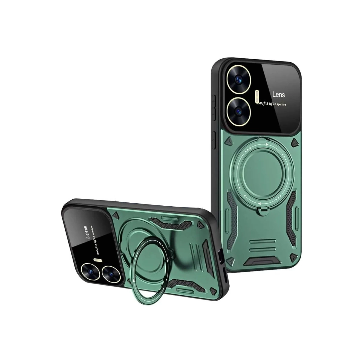 NEWFACE Realme C55 Uyumlu Joy Lens Standlı Kapak Telefon Kılıfı Koyu Yeşil