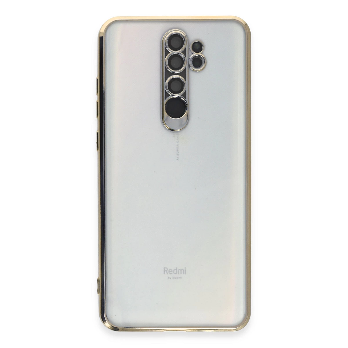 Dört kameralı, altın çerçeveli beyaz akıllı telefonun arkası.