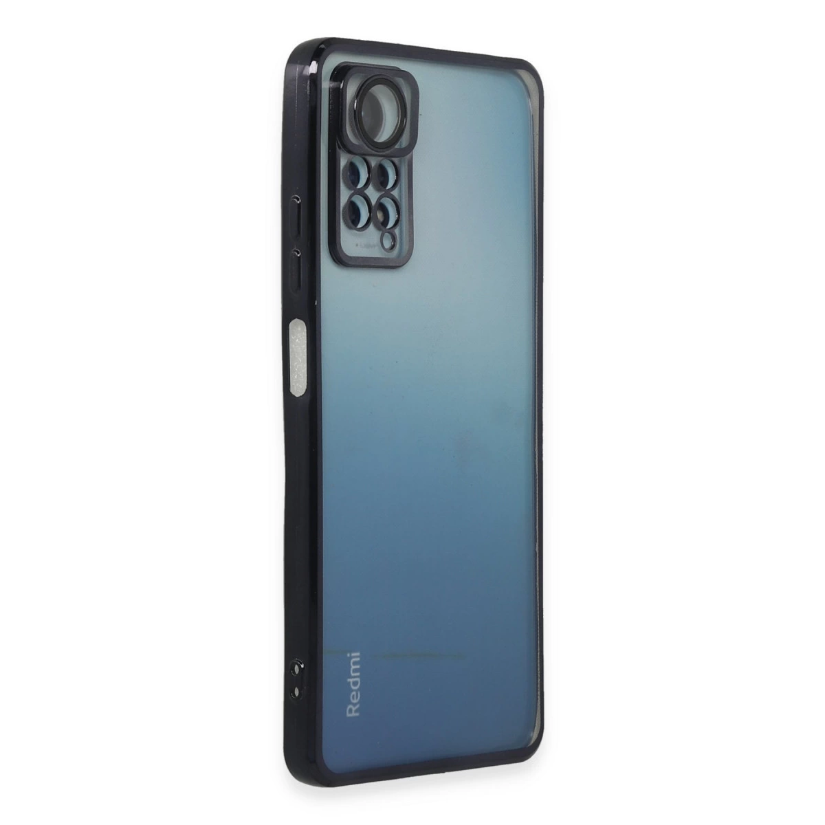 Kare kamera modüllü ve mavi degrade efektli siyah telefon kılıfı.