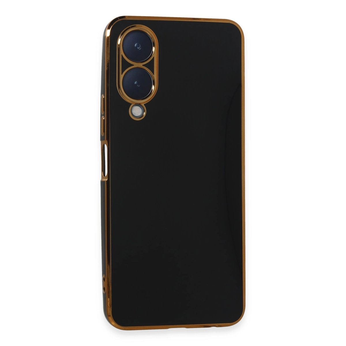 Altın çerçeveli siyah telefon, arkasında üç kamera bulunur.