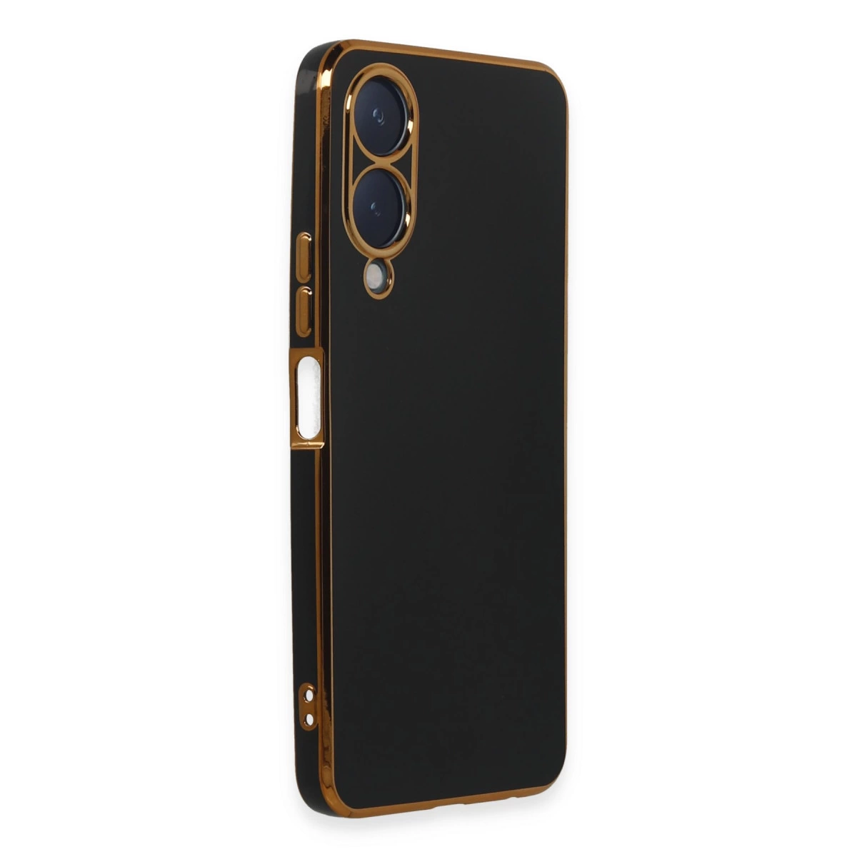 Altın kenarlı ve kamera lensli siyah telefon kılıfı.