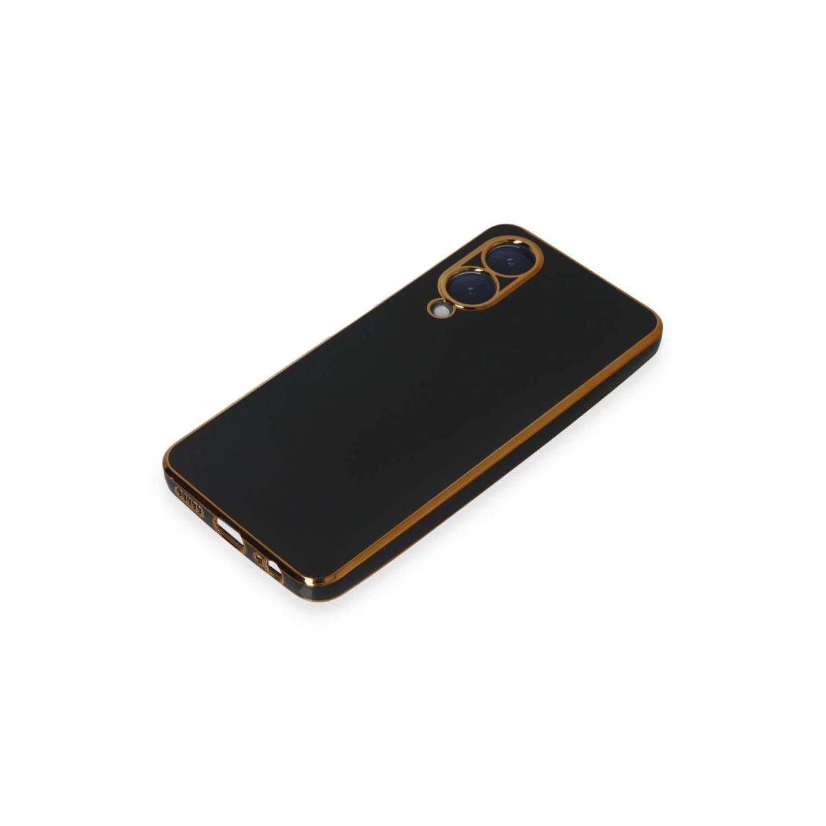 Altın çerçeveli ve kamera kesimli siyah telefon kılıfı.