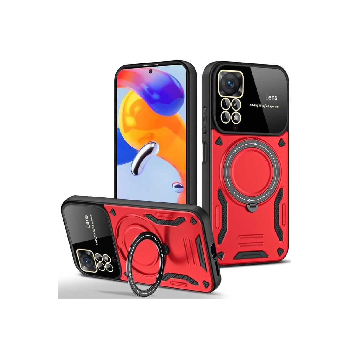 Kamera yazısı ve halka tutuculu üç kırmızı telefon kılıfı.