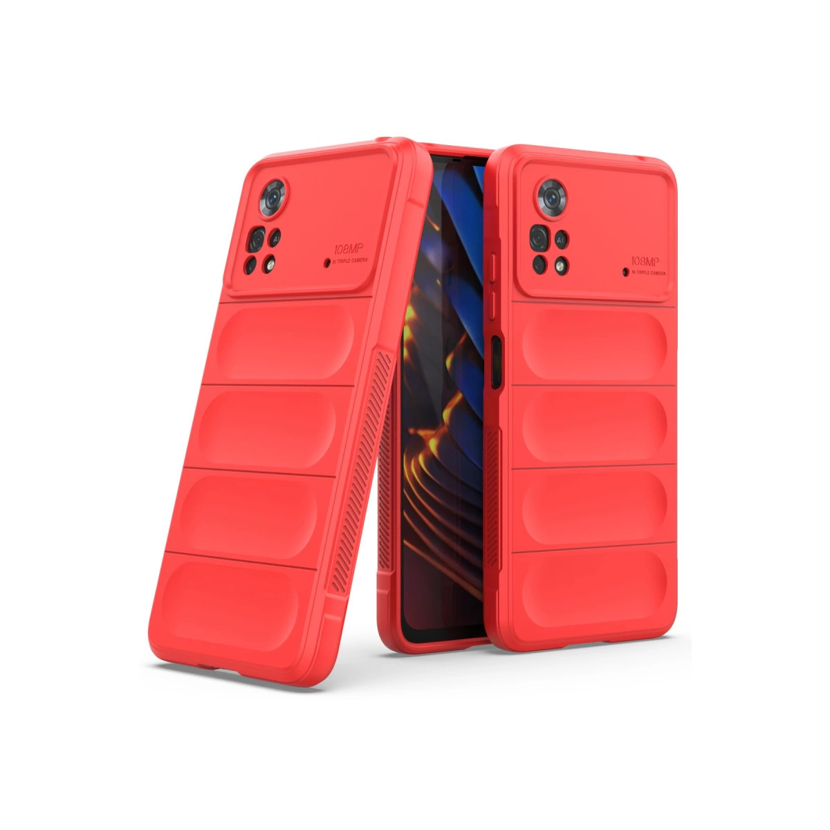 Kapitone tasarımlı ve kamera kesimli iki kırmızı telefon kılıfı.