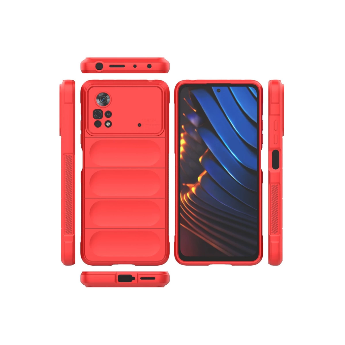Kamera kapaklı ve çoklu görünümlü kırmızı telefon kılıfı.