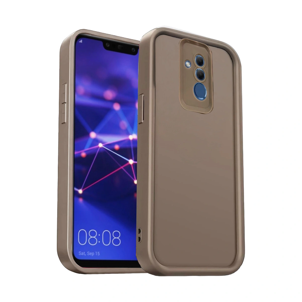 Kamera modülü ve parmak izi sensörlü altın rengi akıllı telefon kılıfı.