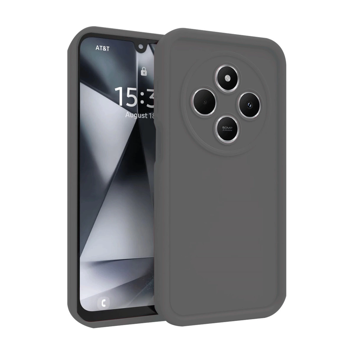 Arkada dört kamera lensi olan gri telefon kılıfı.