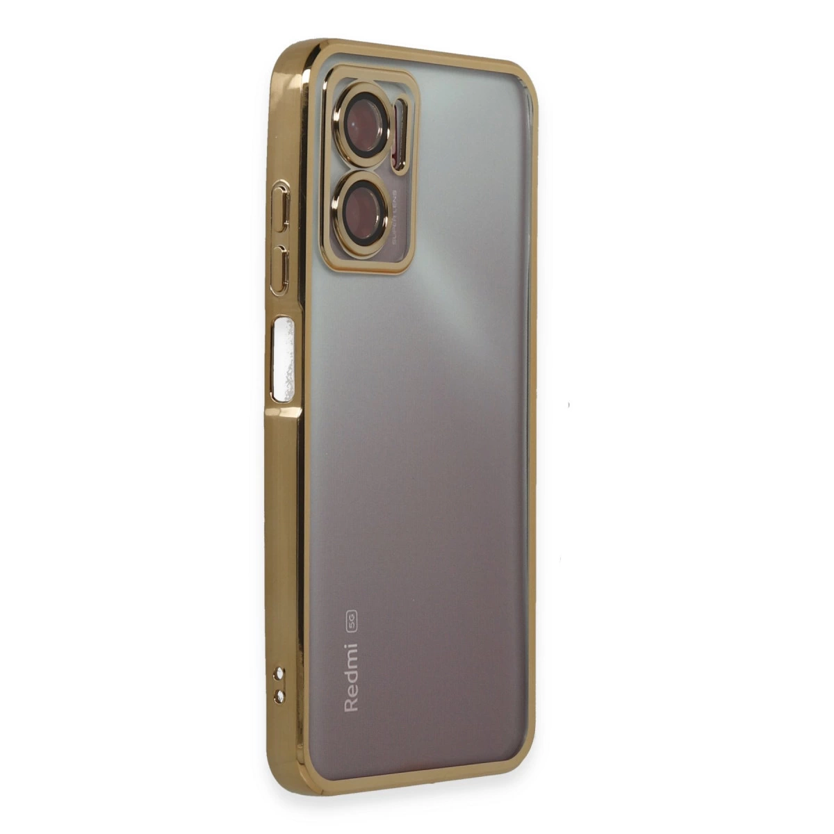 Altın rengi telefon kılıfı, şeffaf arka ve kamera kesimi. Redmi 5G logosu.