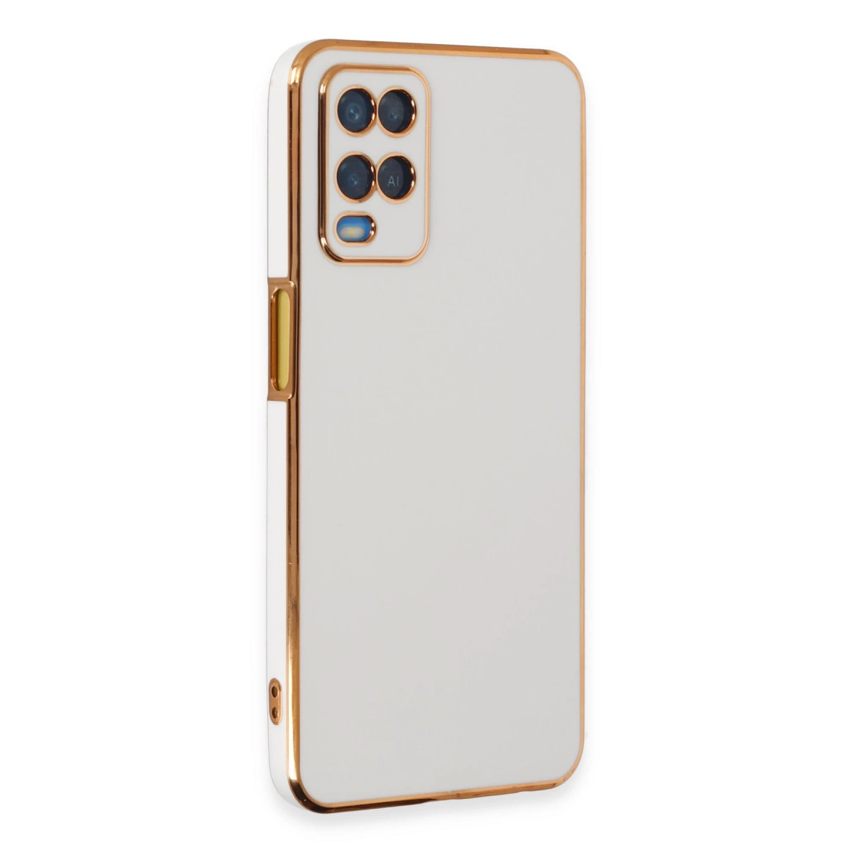 Dört lensli kamera modülü ve altın rengi çerçeveli beyaz telefon kılıfı.