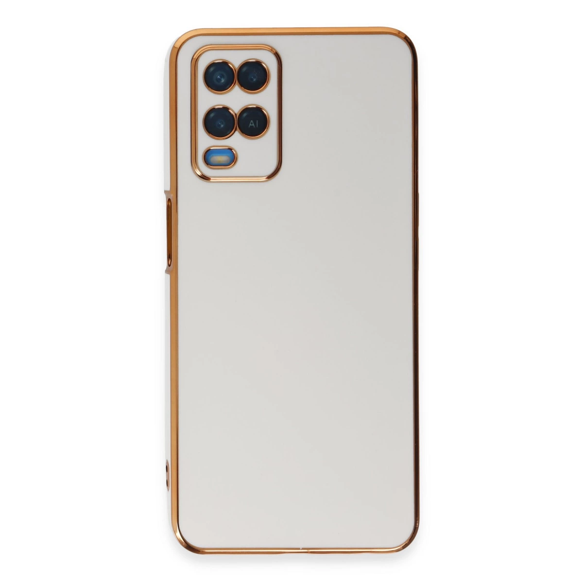 Dört kamera lensli ve altın çerçeveli beyaz telefon kılıfı.