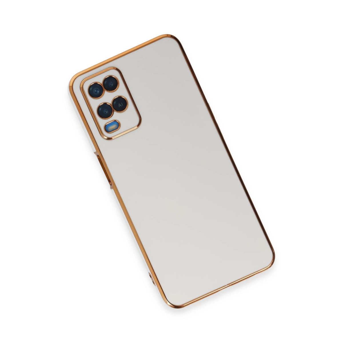 Altın kenarlı ve kamera kesimli beyaz telefon kılıfı.