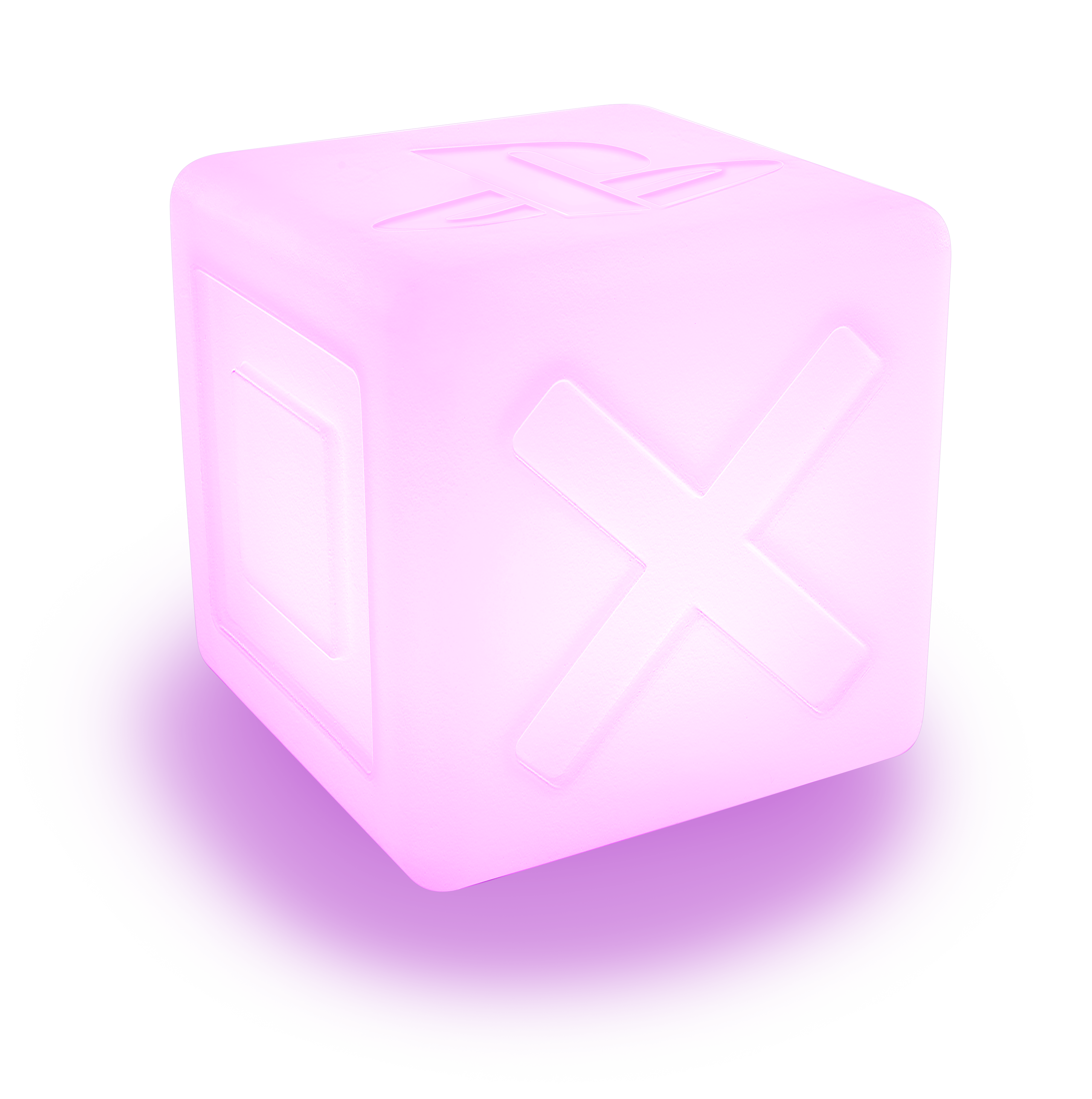 Ein beleuchteter Würfel mit Symbolen in Pink auf schwarzem Hintergrund.