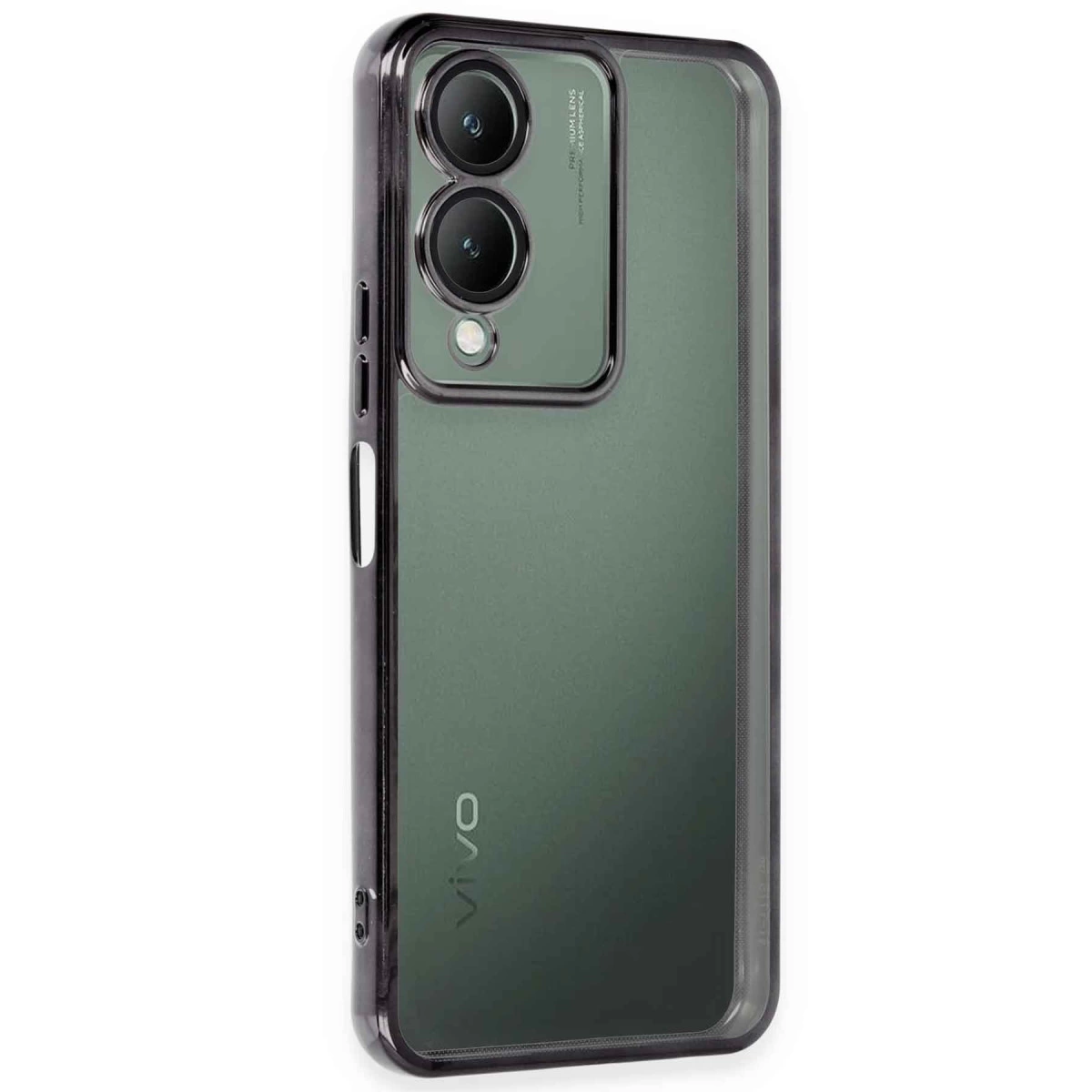 Üç kameralı koyu yeşil akıllı telefon, arkasında VIVO logosu.