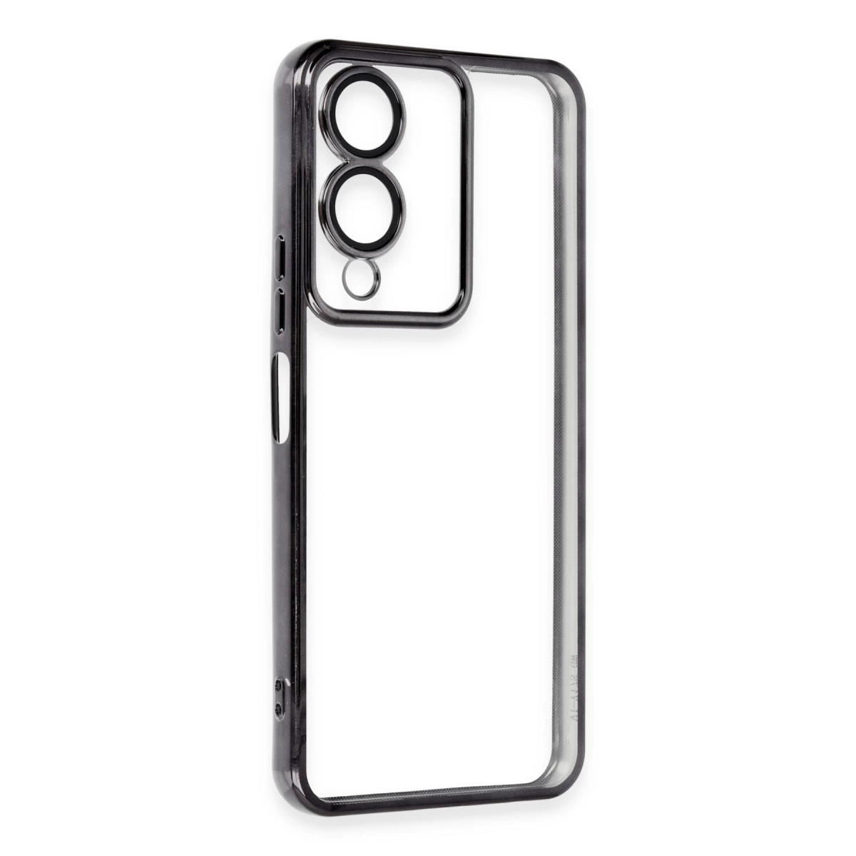 Koyu çerçeveli ve kamera kesimli şeffaf telefon kılıfı.
