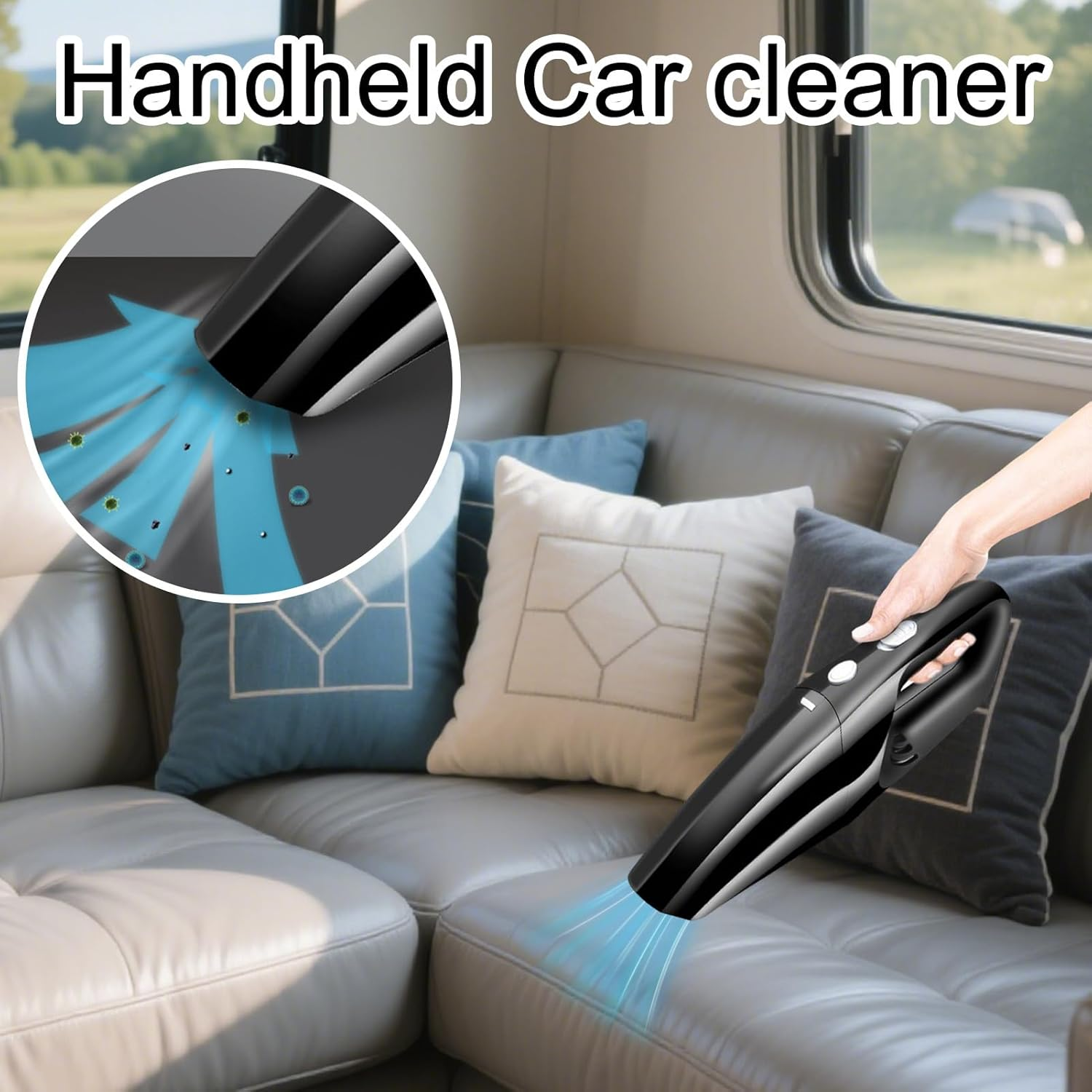 Ein schwarzer Handstaubsauger reinigt ein Sofa im Wohnmobil. Blaue Luftstrahlen zeigen Schmutz.
