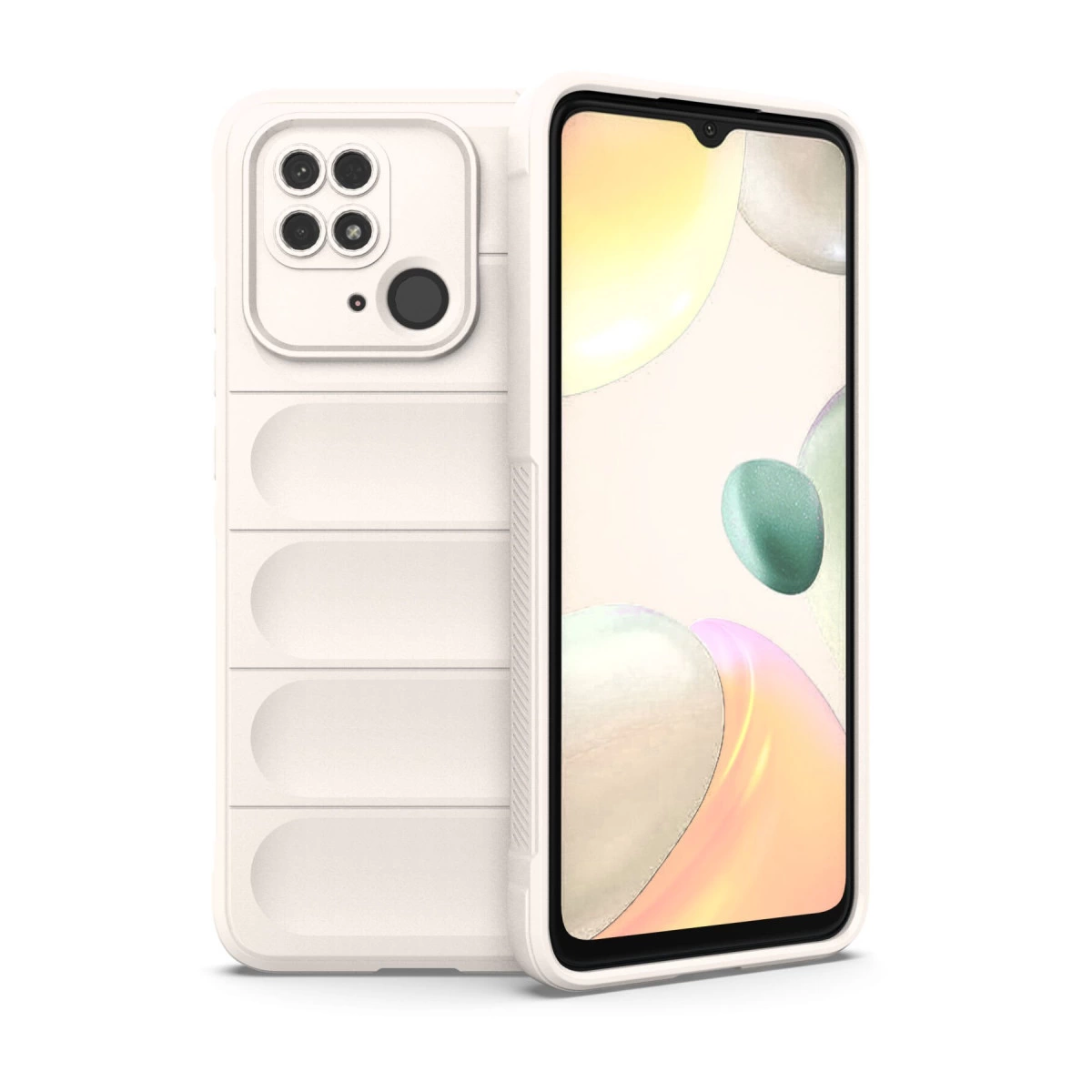 Dört kameralı koruyucu kılıfta krem rengi telefon.
