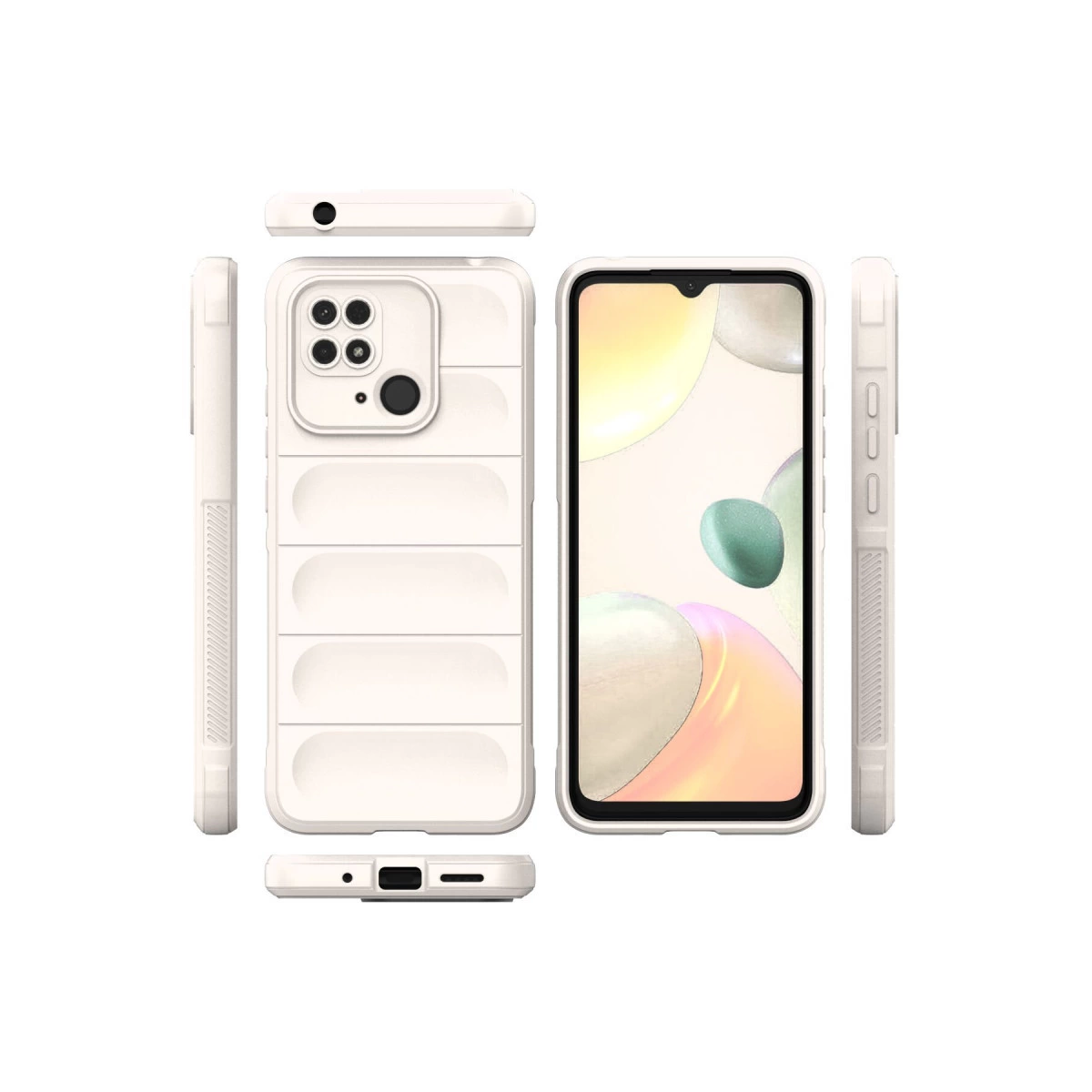Kamera boşluklu beyaz telefon kılıfı çeşitli açılardan gösteriliyor.
