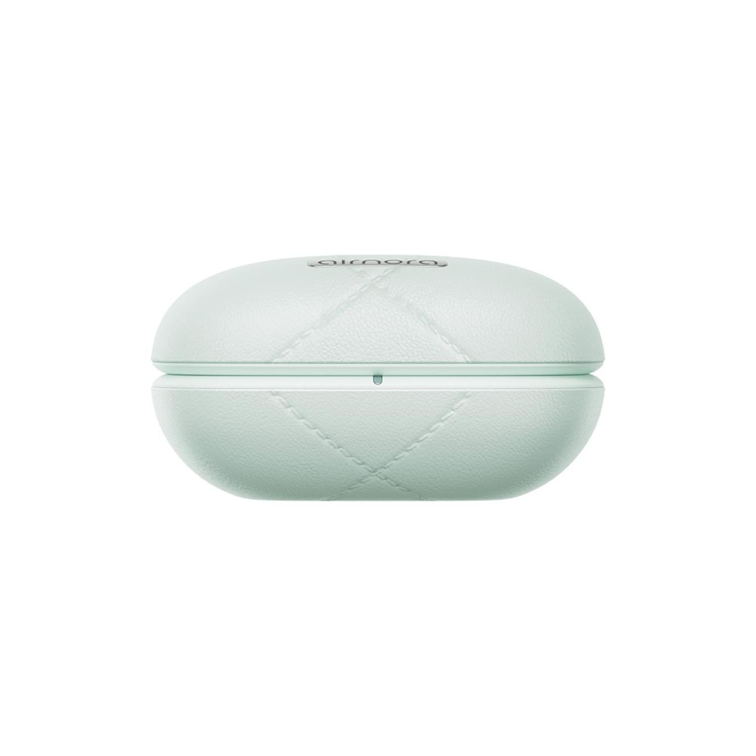 Una custodia verde chiaro trapuntata con logo 'airpods' in alto.