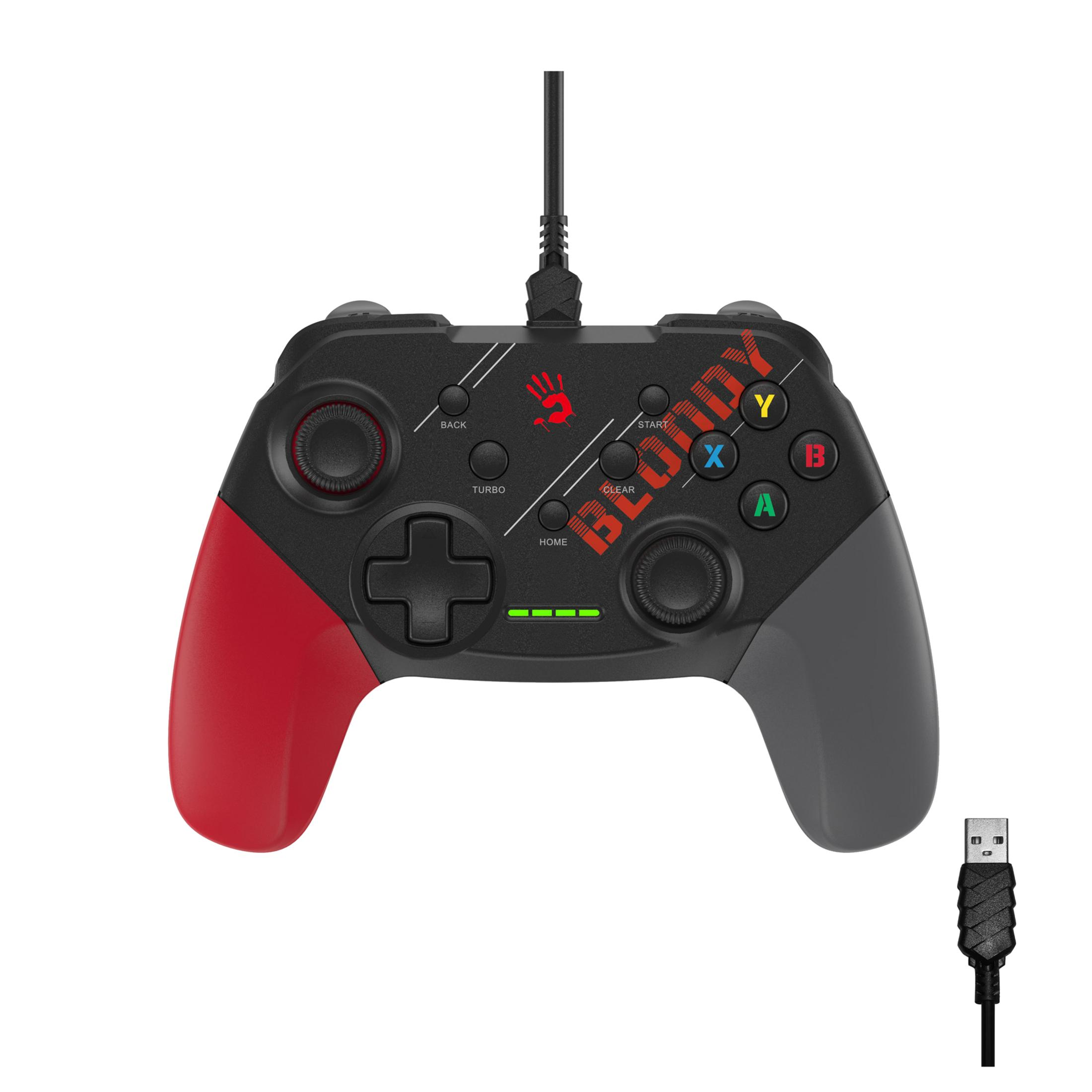 Controller da gioco nero con impugnature rosse, cavo USB e pulsanti colorati.