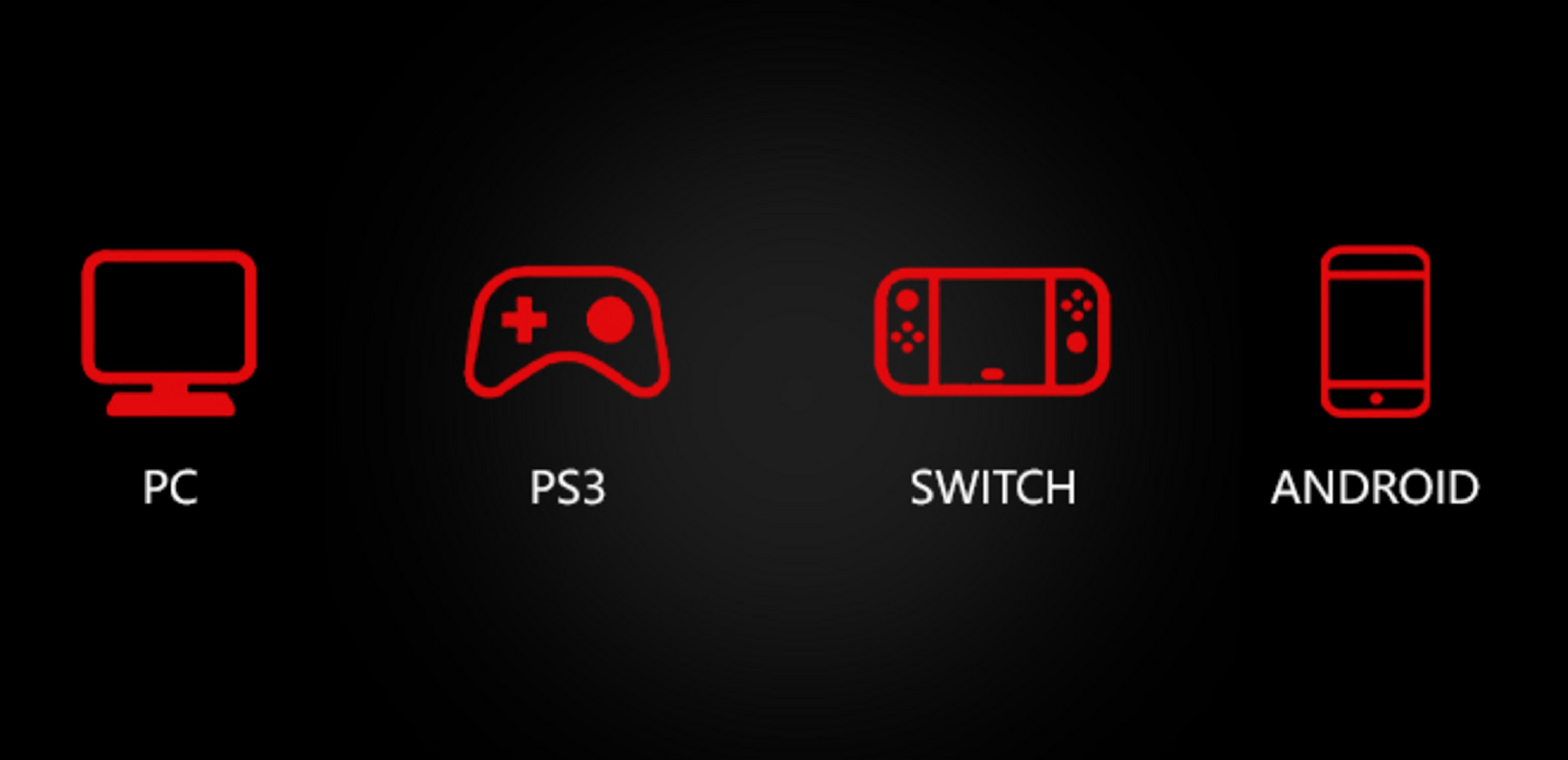 Icone rosse: PC, PS3, Switch, Android su sfondo nero.