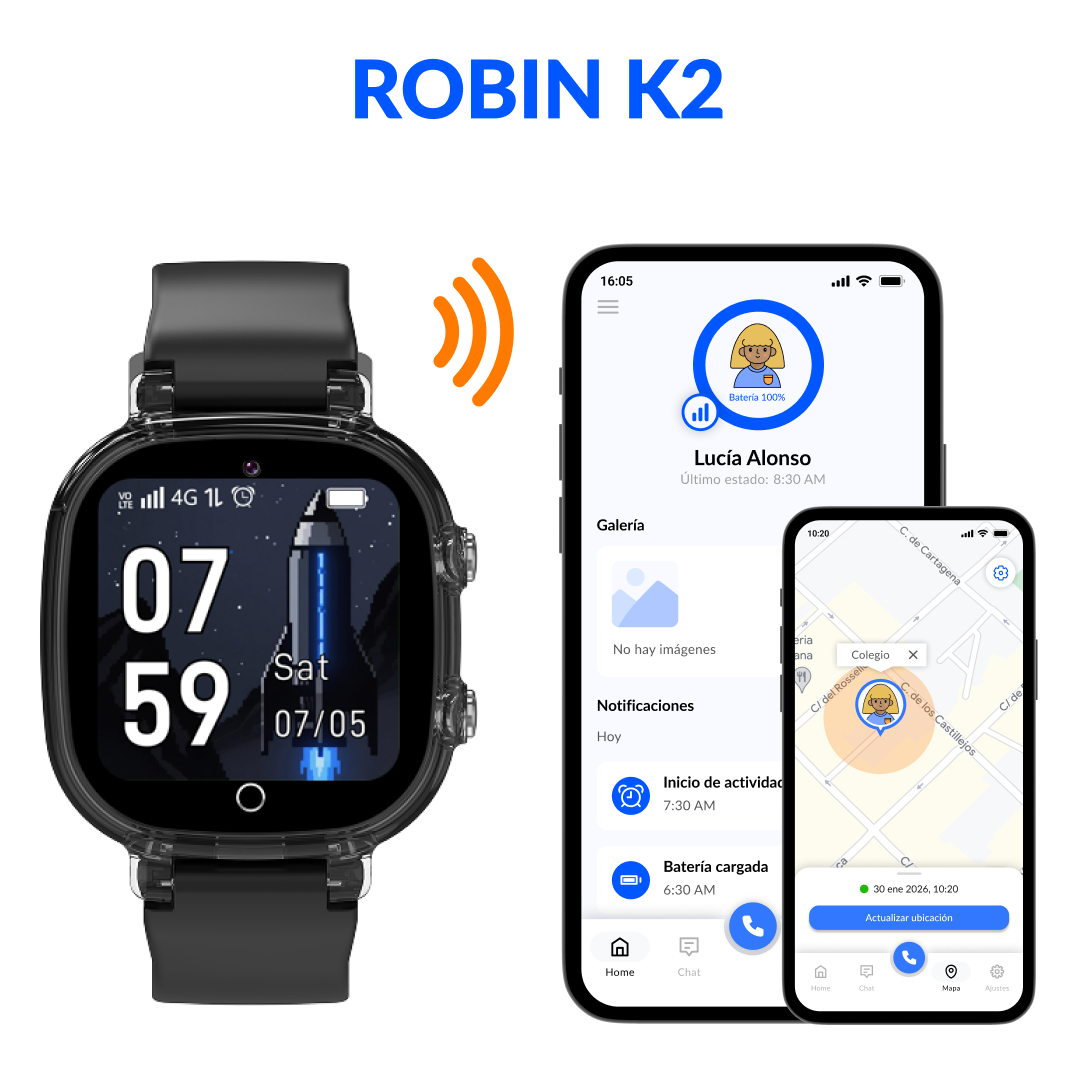 Reloj inteligente y teléfono muestran interfaz con hora, ubicación y notificaciones.
