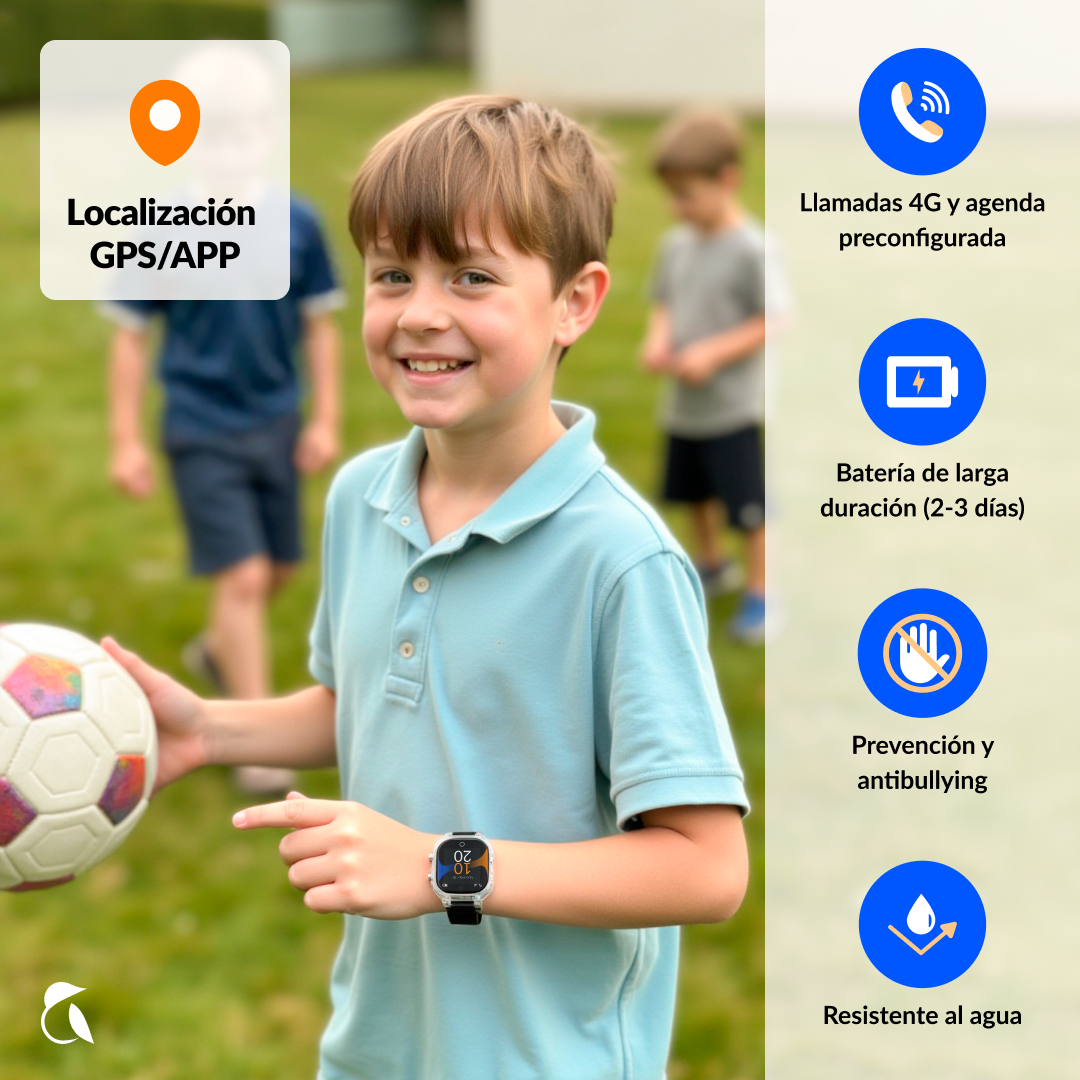 Un niño con un balón y un reloj inteligente al aire libre, con iconos de GPS, llamadas, batería, anti-acoso y resistencia al agua.
