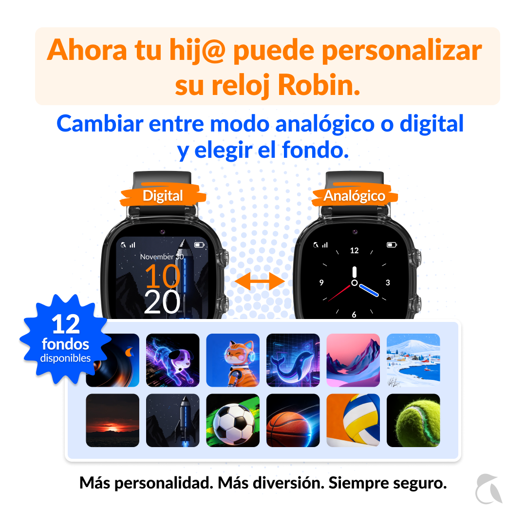 Dos relojes inteligentes muestran esferas digitales y analógicas con 12 fondos.