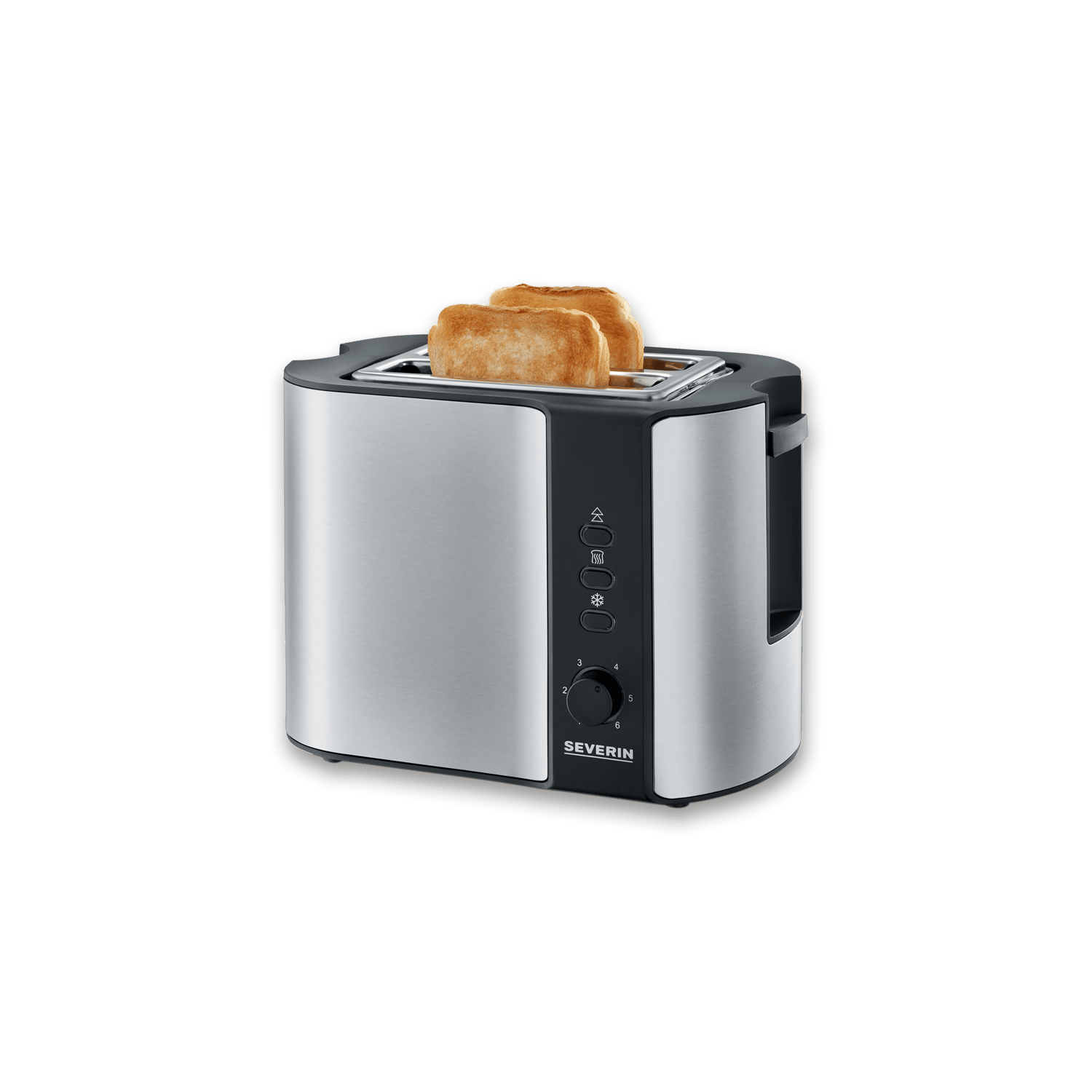 Srebrny toster z dwiema złotymi kromkami tostów w środku.