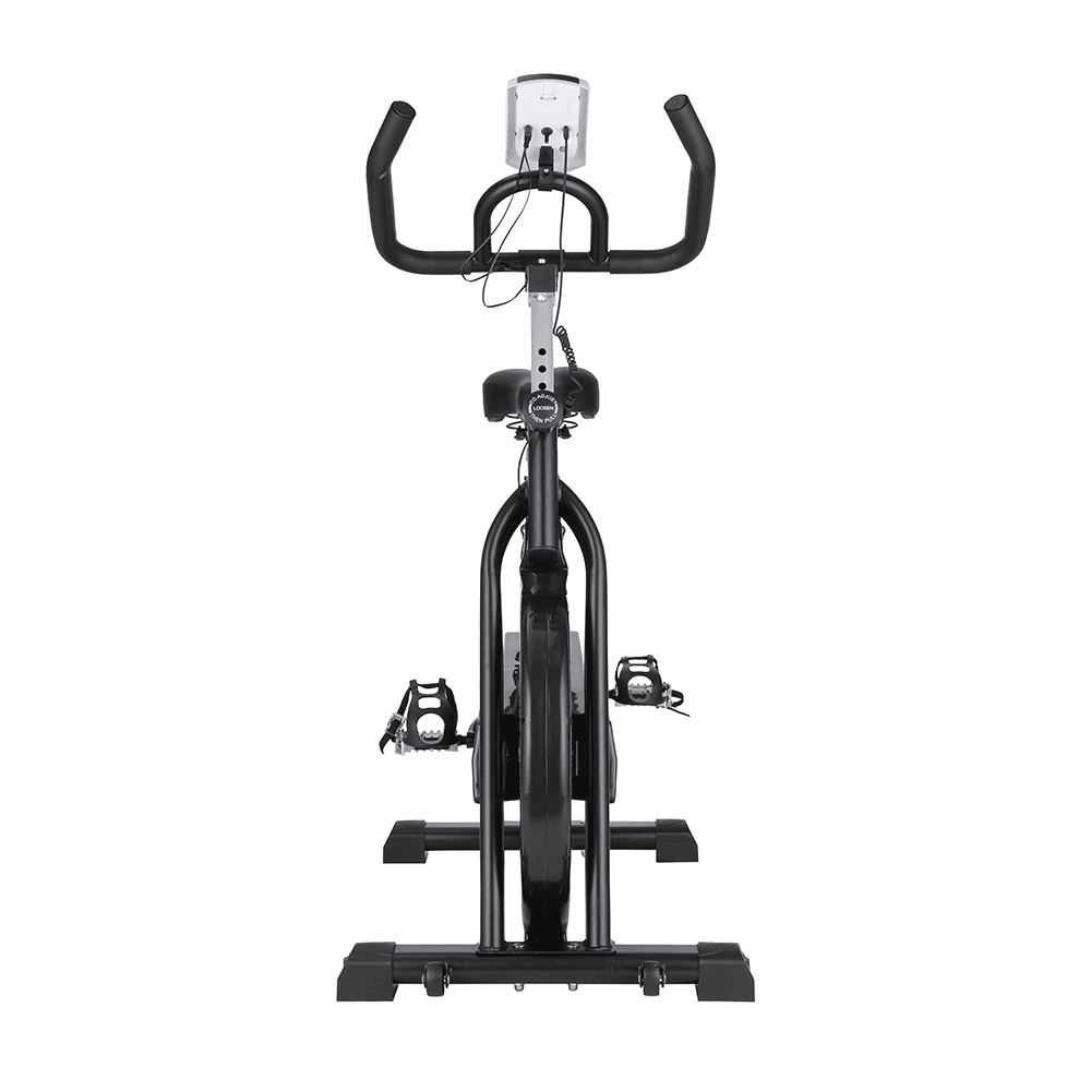 Una bicicleta de ejercicio negra con manillar, asiento, pedales y pantalla.
