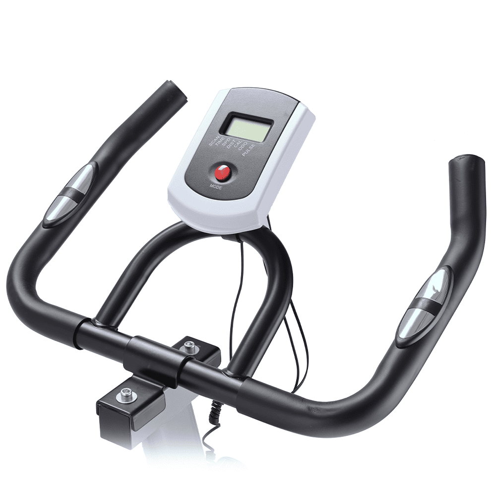 Manillar de bicicleta de ejercicio negro con pantalla digital y botón rojo.