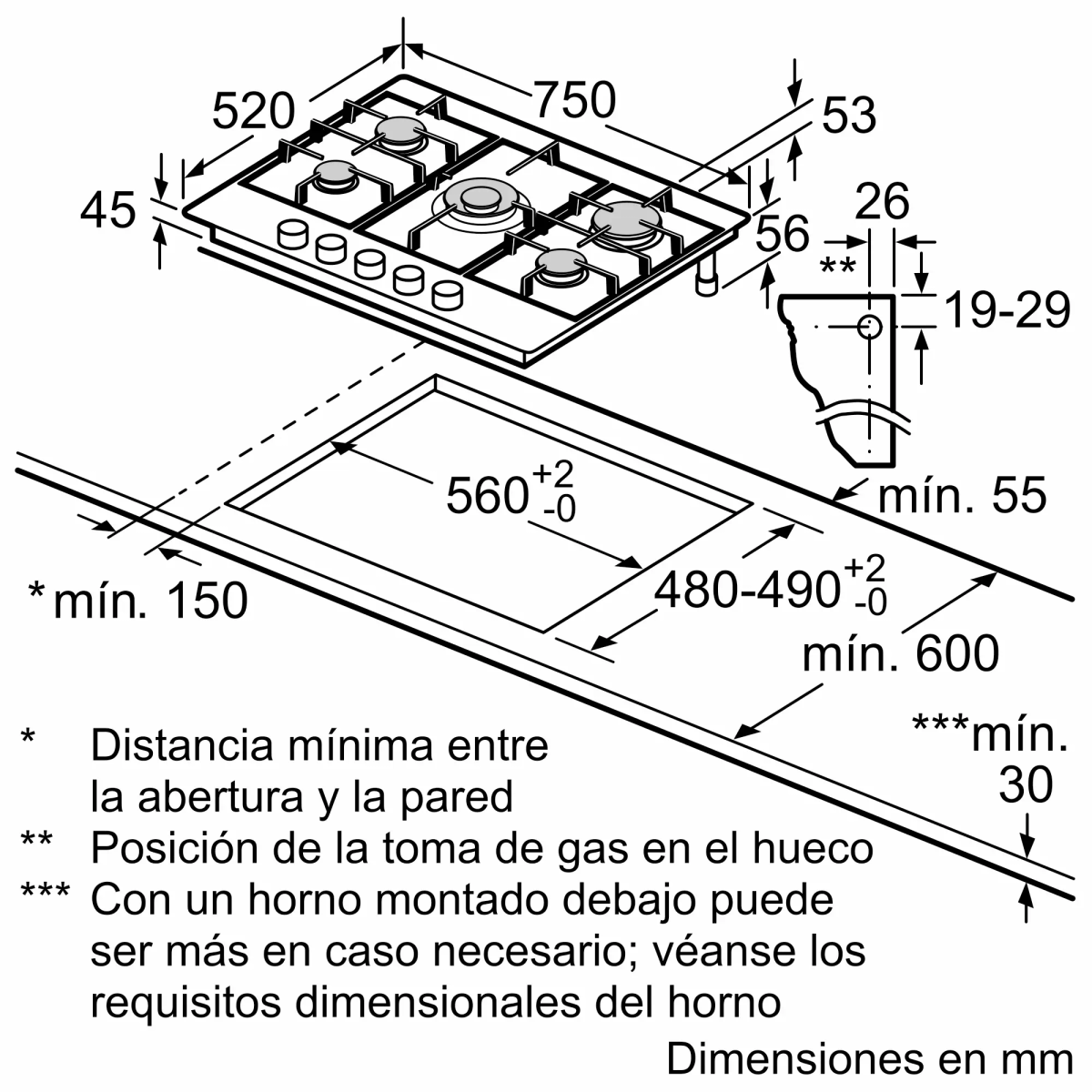 Disegno tecnico di un piano cottura a gas con dimensioni.