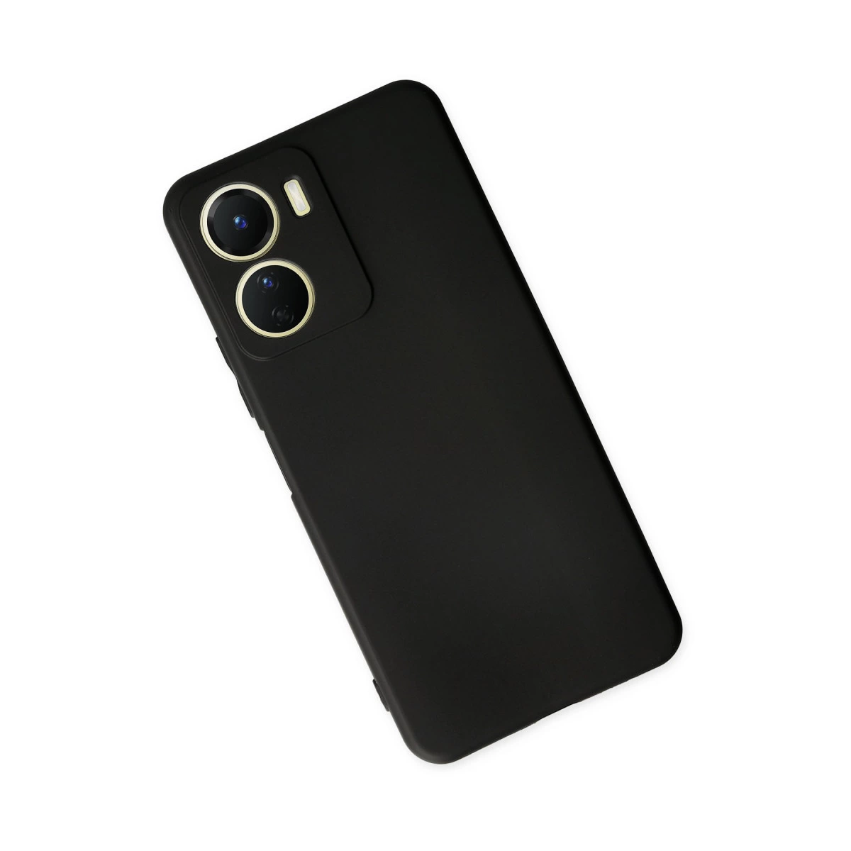 Beyaz arka plan üzerinde siyah bir akıllı telefon, arka yüzü ve kamera modülü görünüyor.