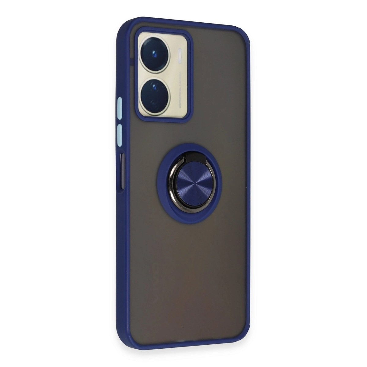 Mavi kenarlı, halka tutuculu, çift lensli koyu gri telefon kılıfı.